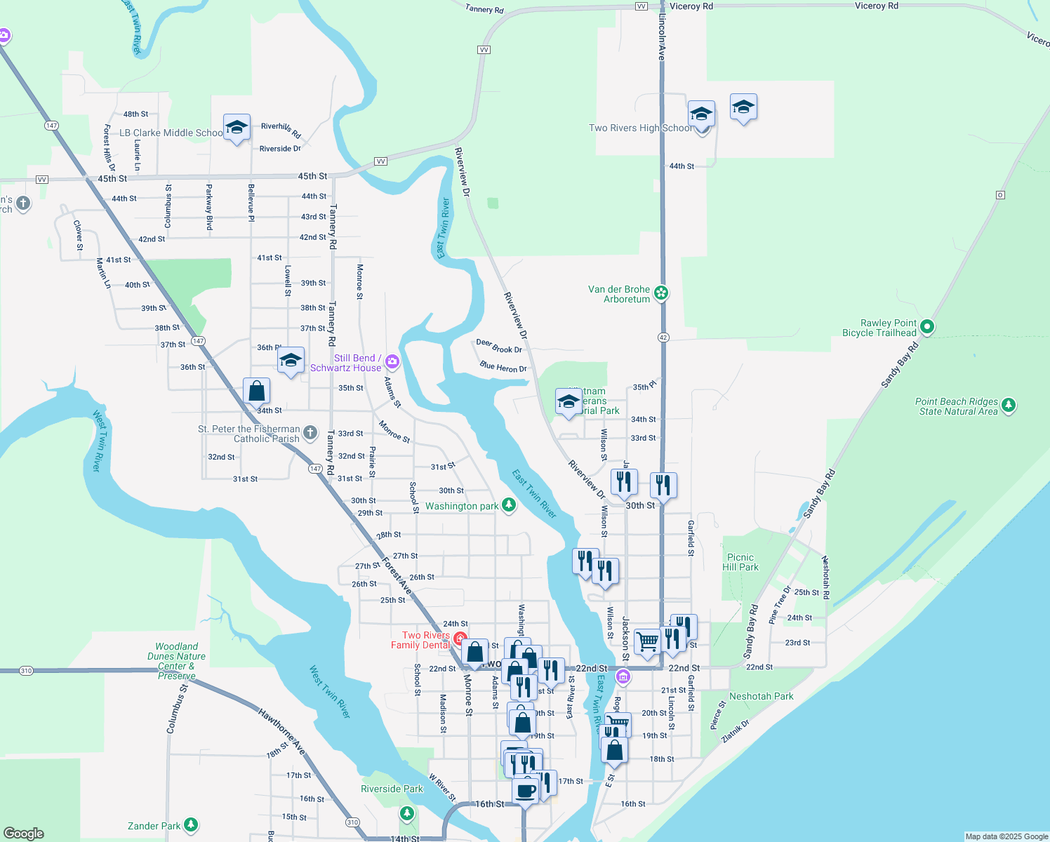 map of restaurants, bars, coffee shops, grocery stores, and more near 1480 Terrace Court in Two Rivers