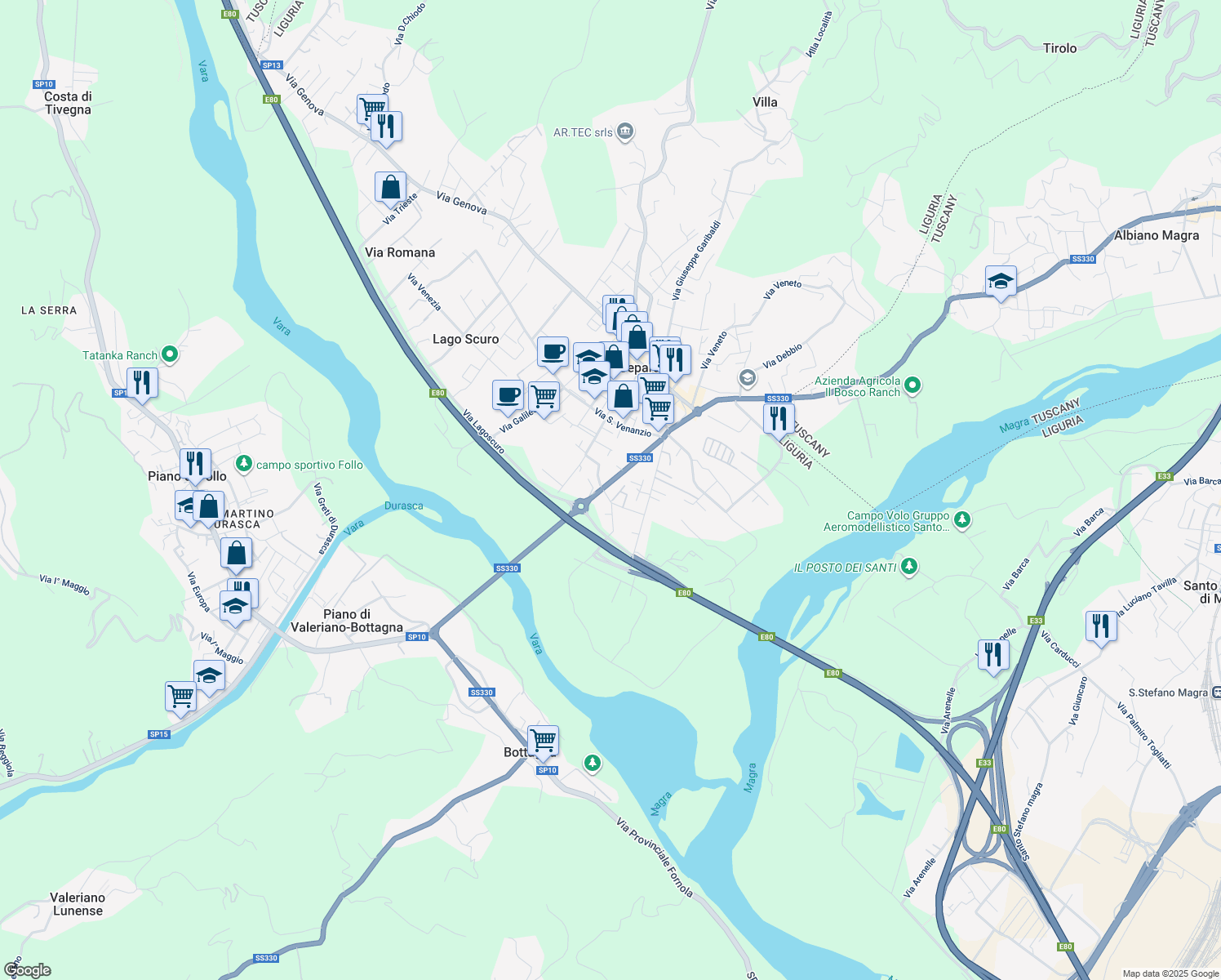 map of restaurants, bars, coffee shops, grocery stores, and more near 92 Via Vecchia in Ceparana