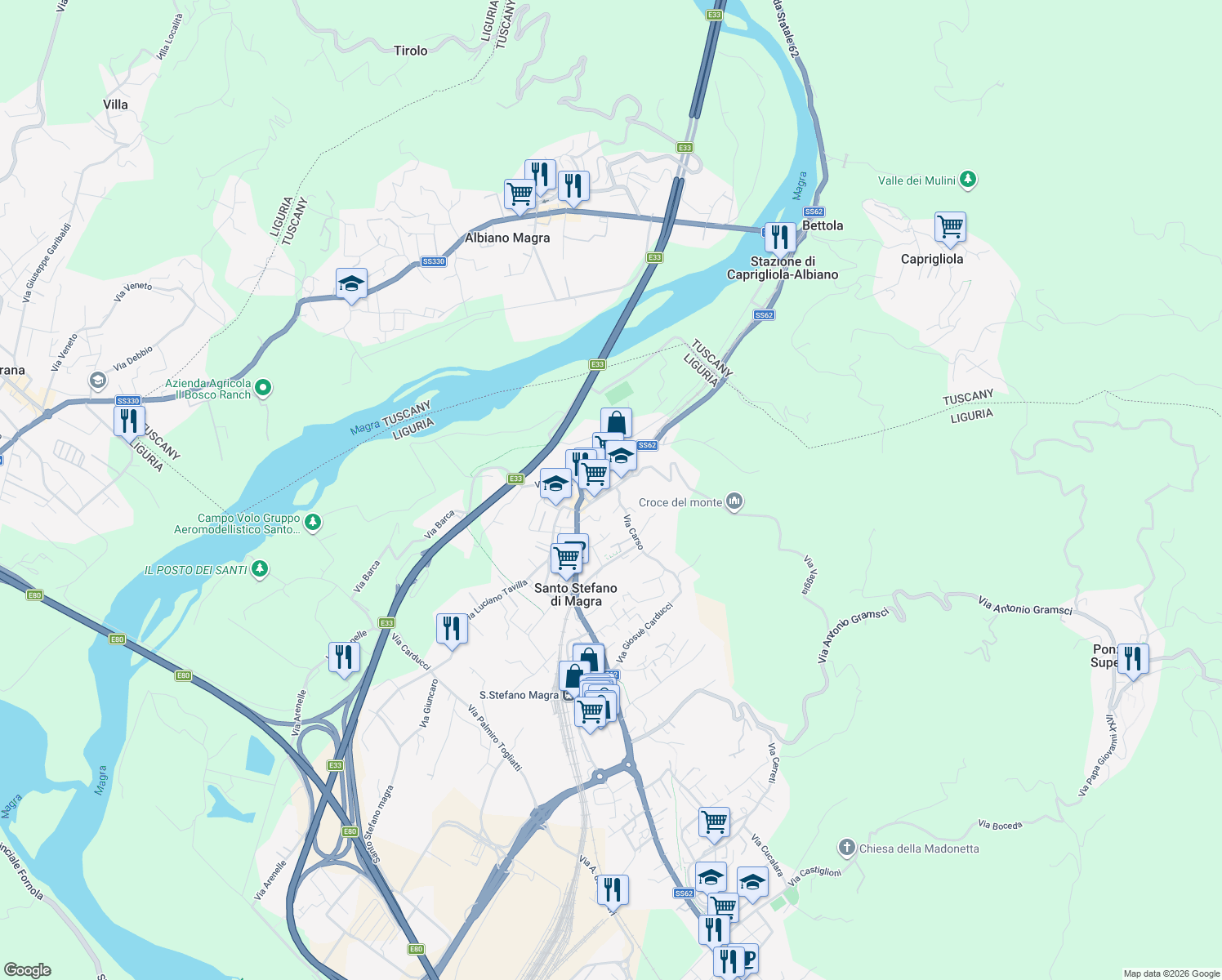 map of restaurants, bars, coffee shops, grocery stores, and more near 2 Via Carso in Santo Stefano di Magra