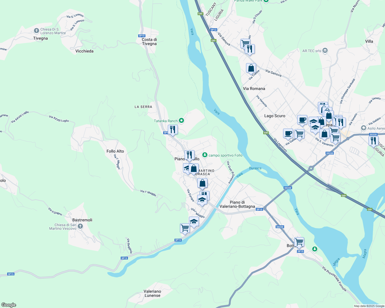 map of restaurants, bars, coffee shops, grocery stores, and more near 10 Via Alessandro Volta in Piano di Follo