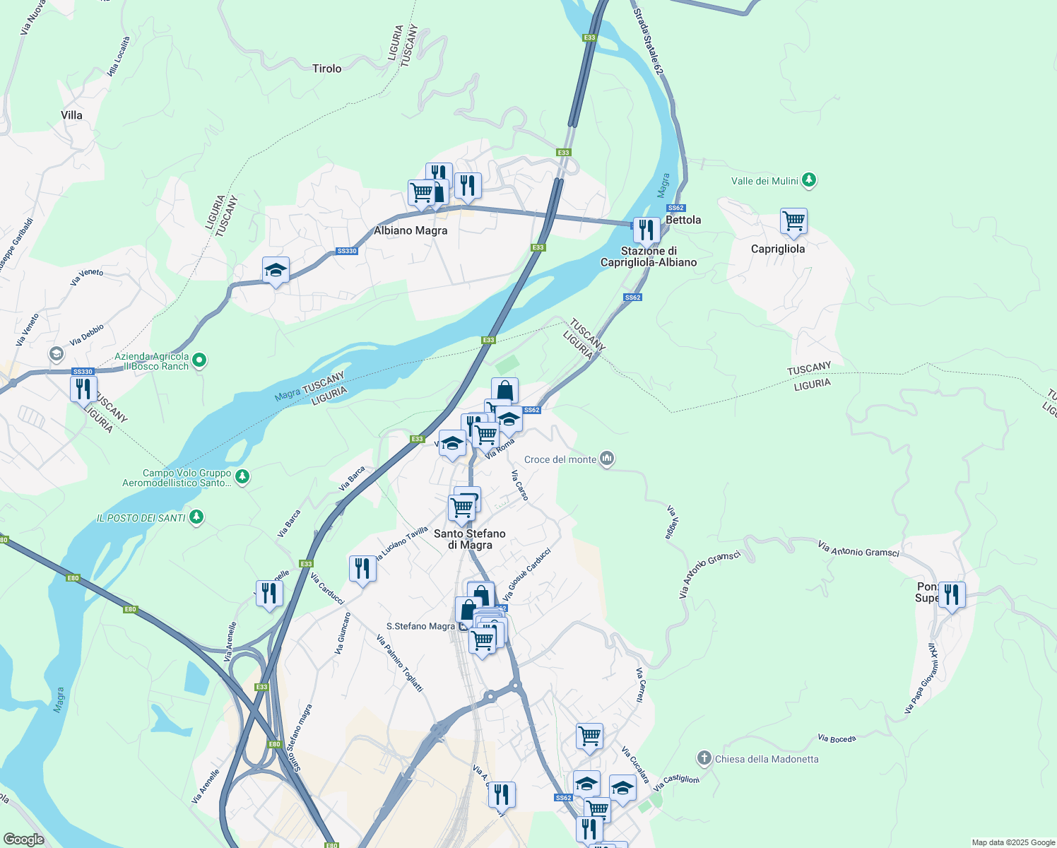 map of restaurants, bars, coffee shops, grocery stores, and more near 14 Via Vaggia in Santo Stefano di Magra