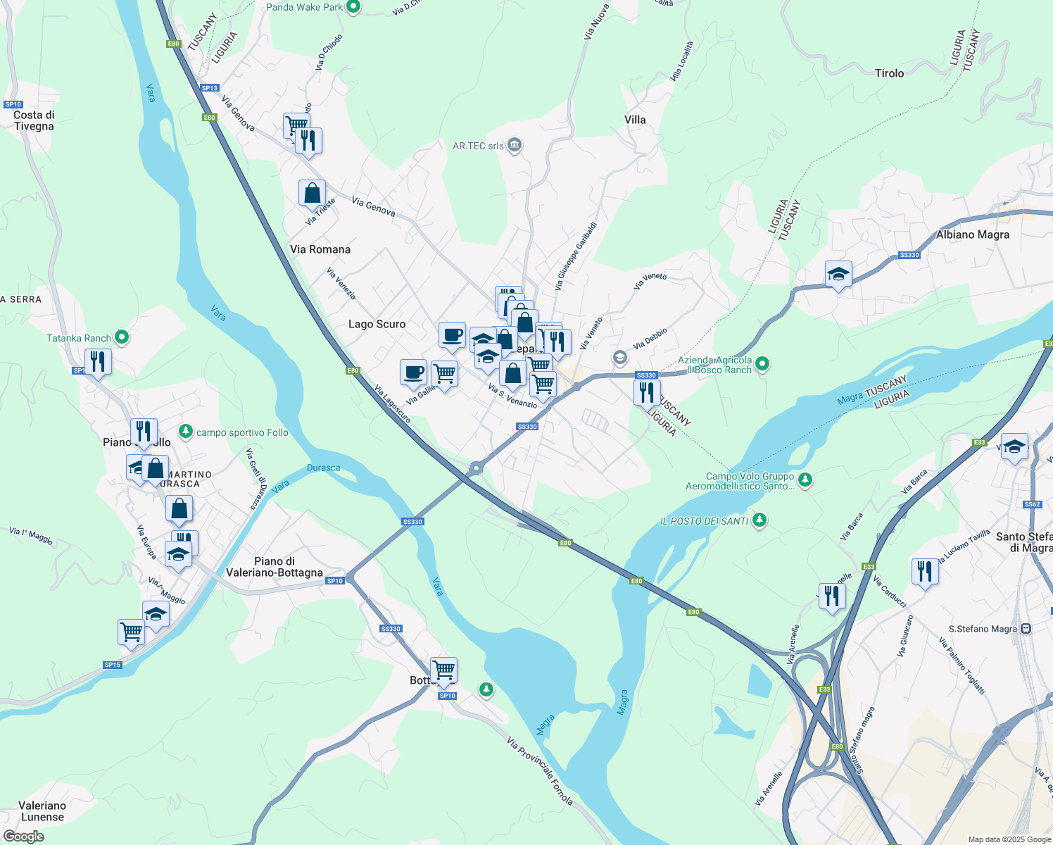 map of restaurants, bars, coffee shops, grocery stores, and more near 23 Via S. Venanzio in Ceparana