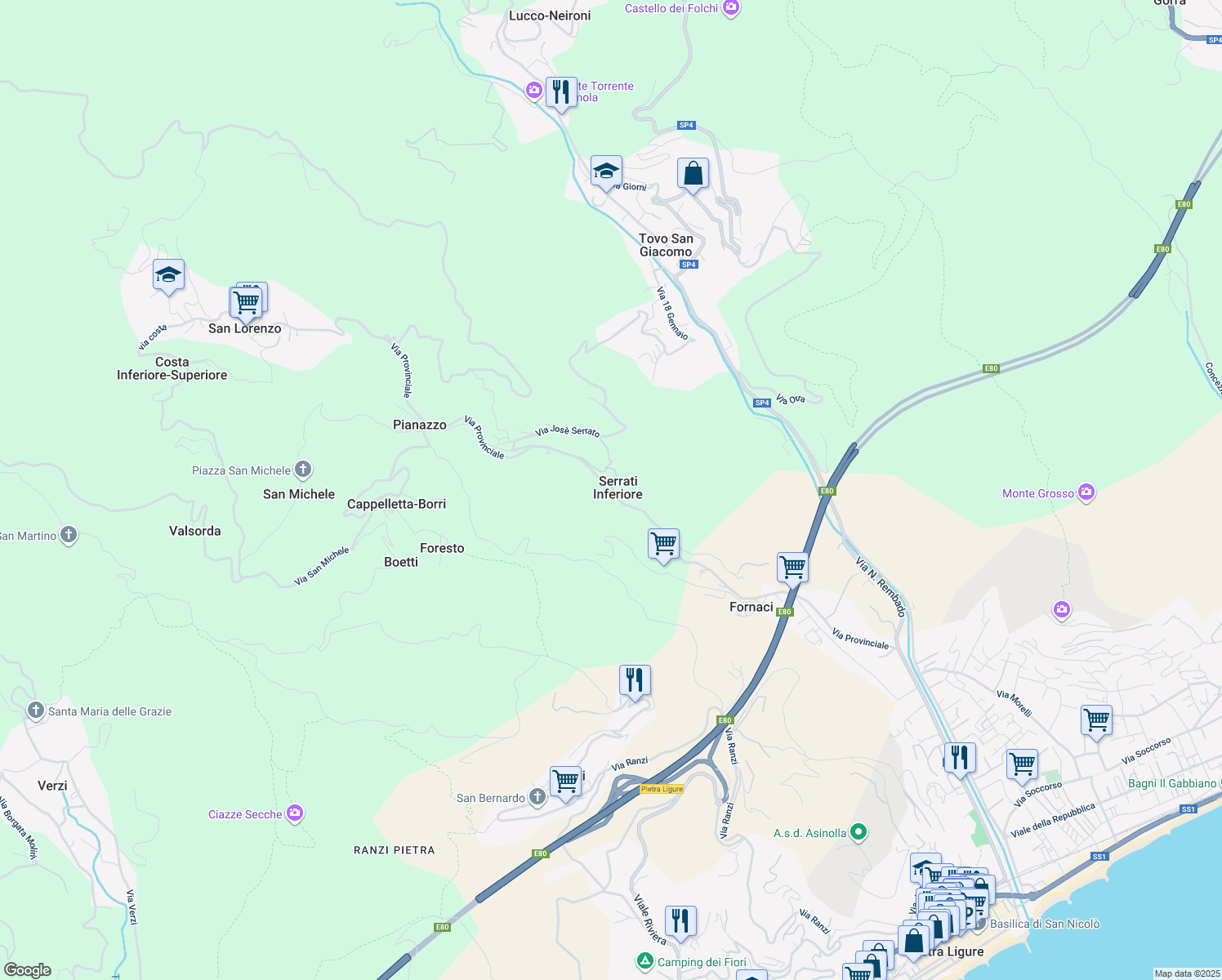 map of restaurants, bars, coffee shops, grocery stores, and more near in Serrati Inferiore