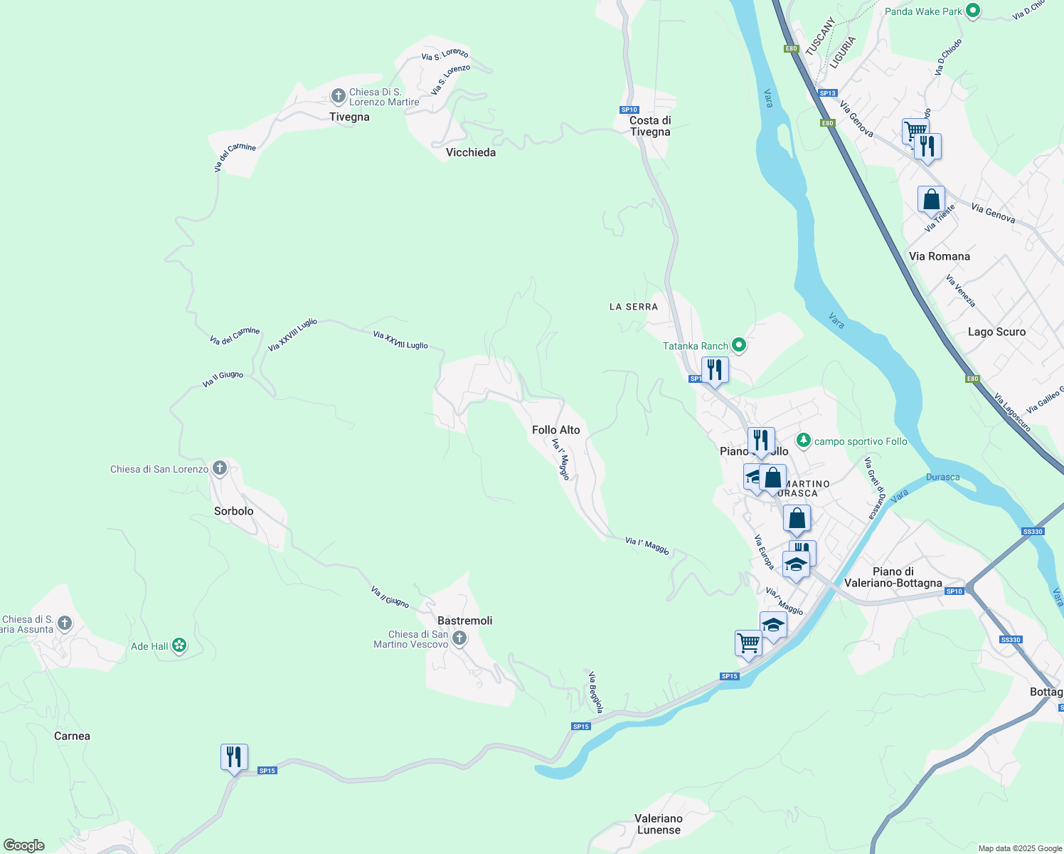map of restaurants, bars, coffee shops, grocery stores, and more near 12 Via Villa in Follo Alto