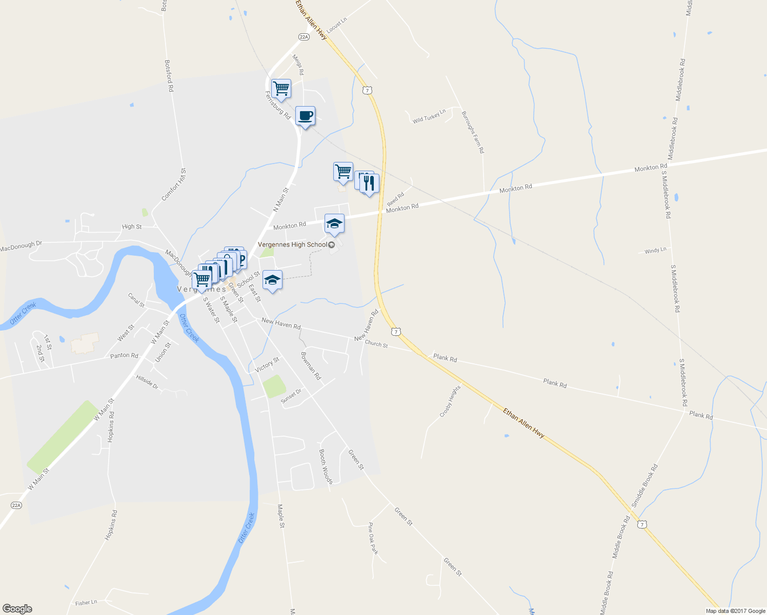 map of restaurants, bars, coffee shops, grocery stores, and more near U.S. 7 in Vergennes