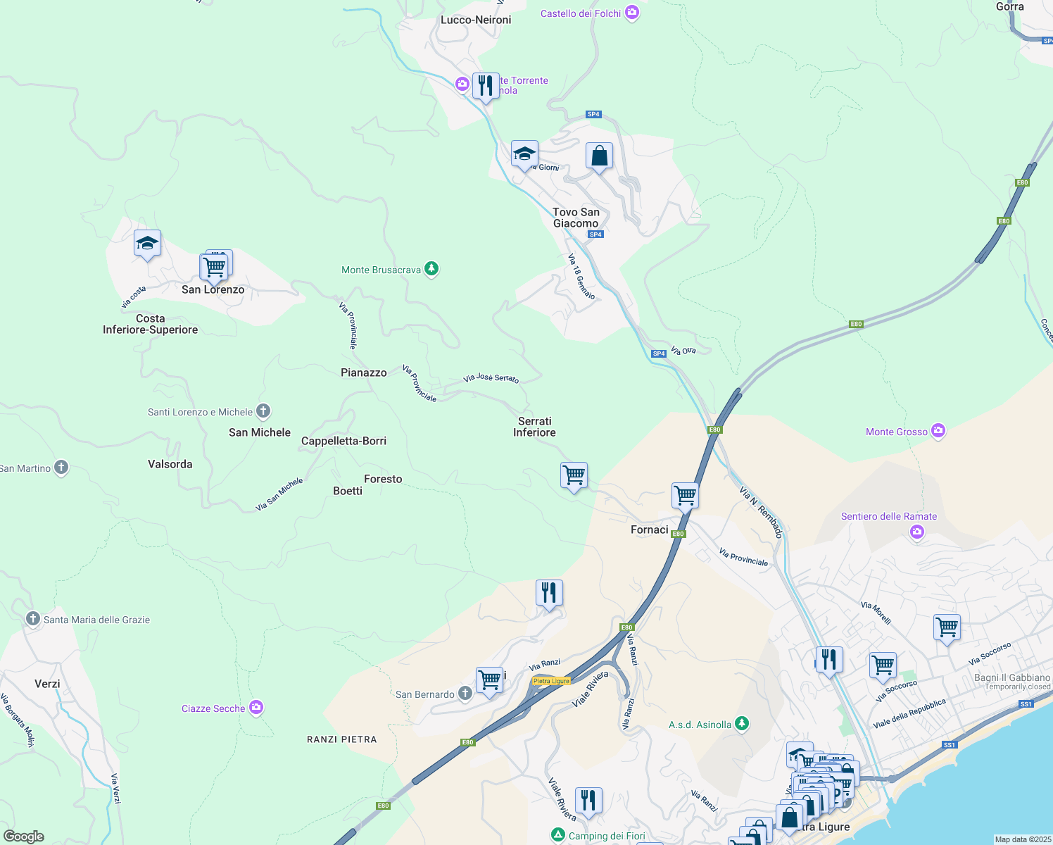 map of restaurants, bars, coffee shops, grocery stores, and more near 1886 Via Provinciale in Pianazzo