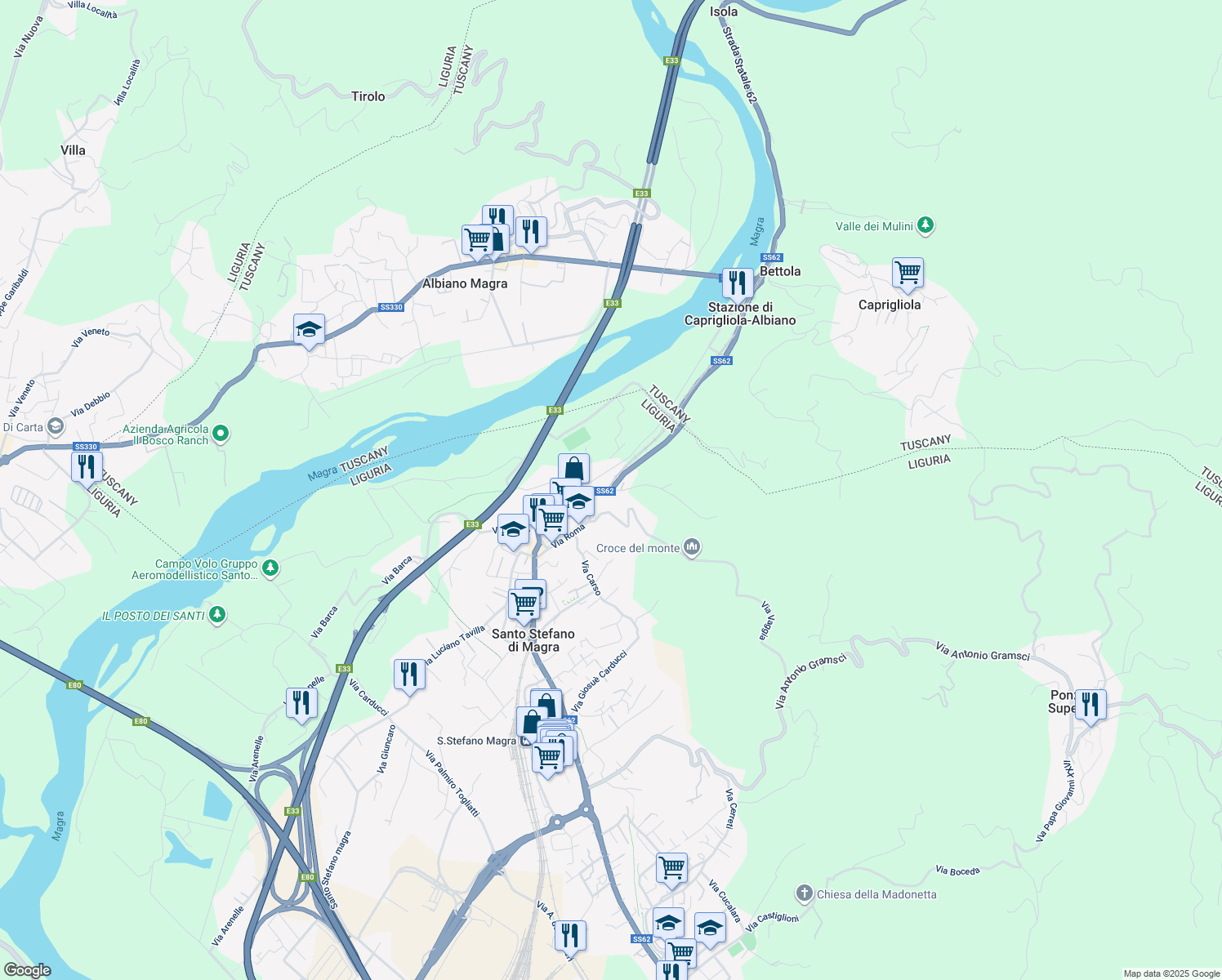 map of restaurants, bars, coffee shops, grocery stores, and more near 14 Via Vaggia in Santo Stefano di Magra