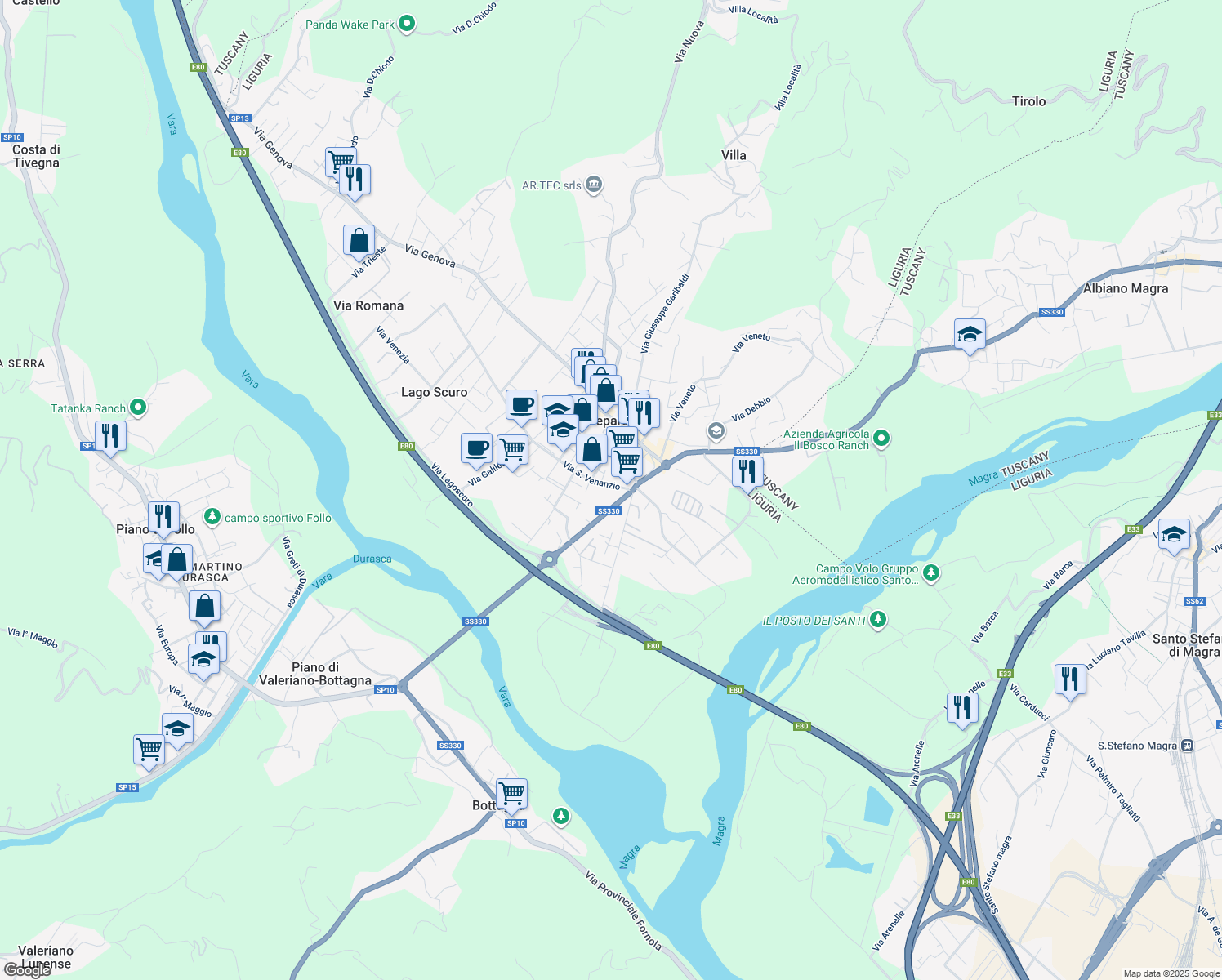 map of restaurants, bars, coffee shops, grocery stores, and more near 23 Via San Venanzio in Ceparana