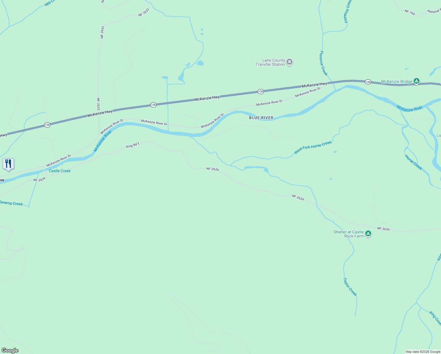 map of restaurants, bars, coffee shops, grocery stores, and more near 55344 King Road East in McKenzie Bridge