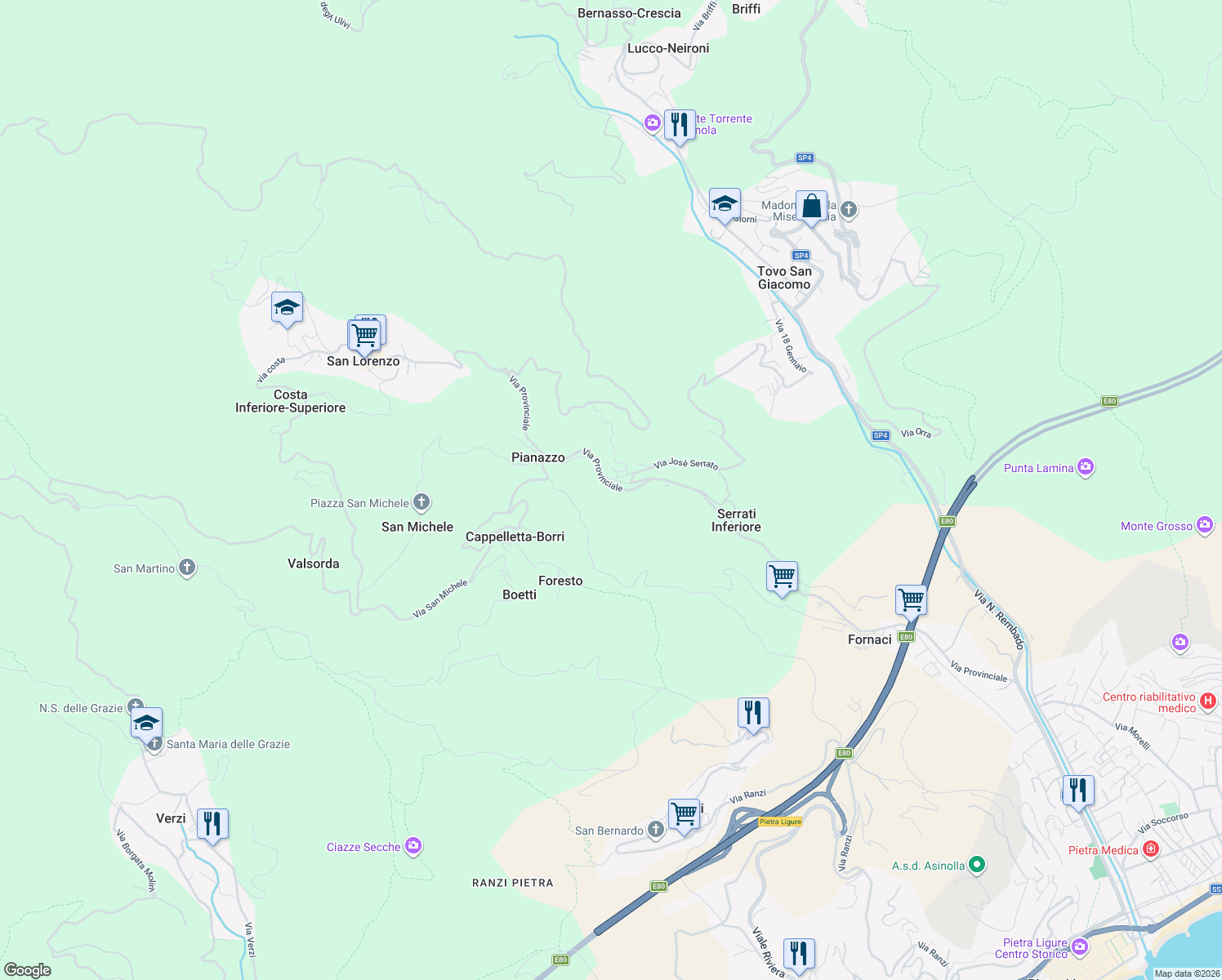 map of restaurants, bars, coffee shops, grocery stores, and more near 1886 Via Provinciale in Pianazzo