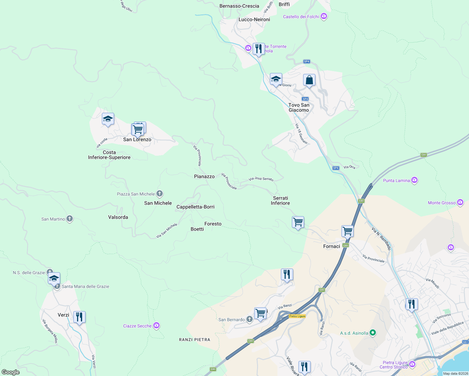 map of restaurants, bars, coffee shops, grocery stores, and more near 1886 Via Provinciale in Pianazzo