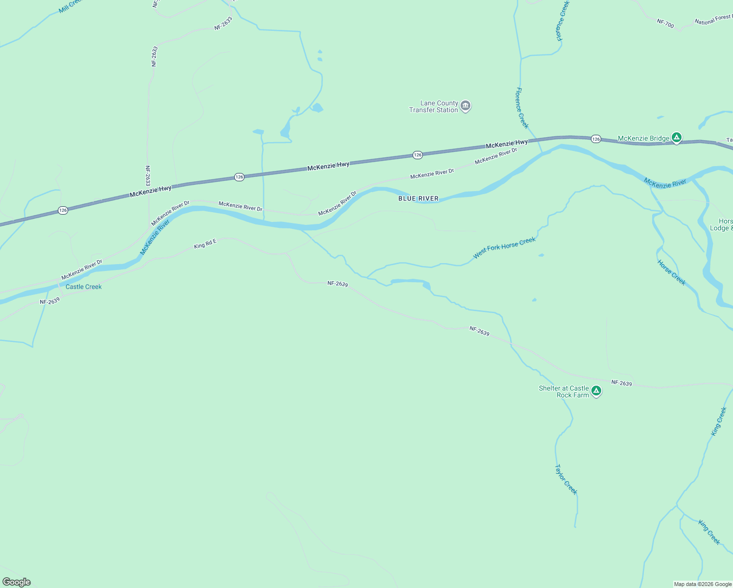 map of restaurants, bars, coffee shops, grocery stores, and more near 55344 King Road East in McKenzie Bridge