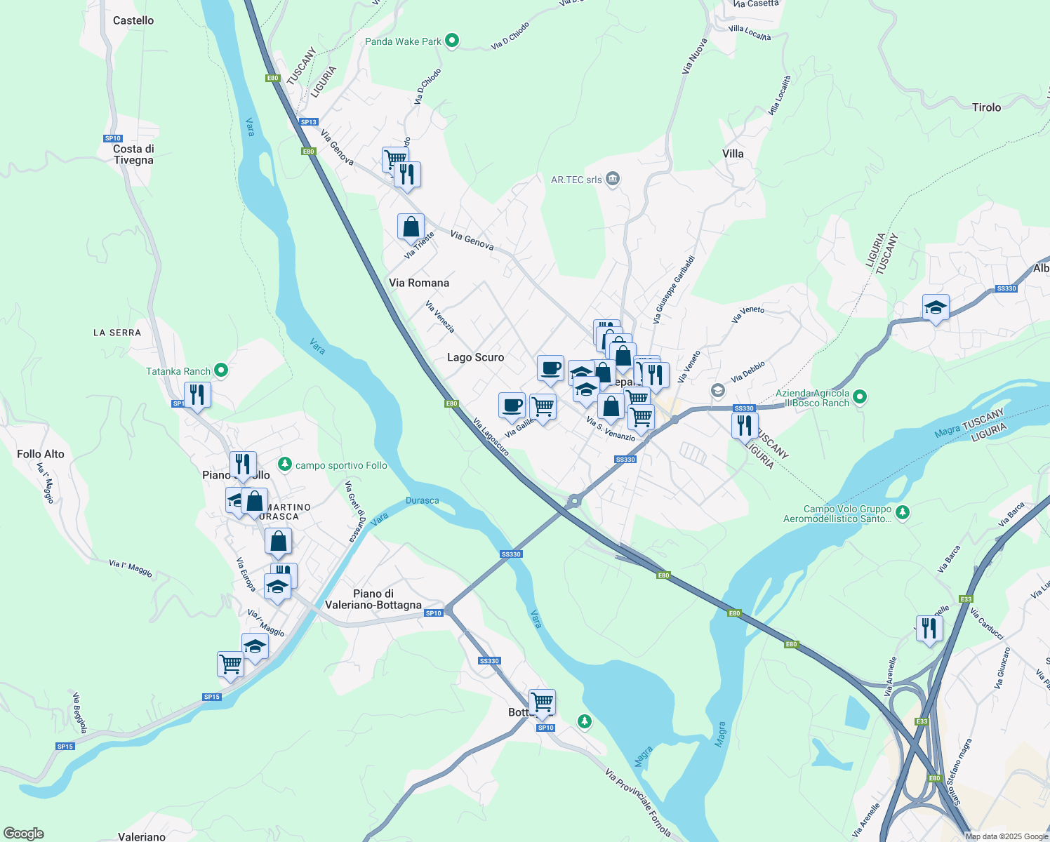 map of restaurants, bars, coffee shops, grocery stores, and more near 14 Via Galileo Galilei in Ceparana