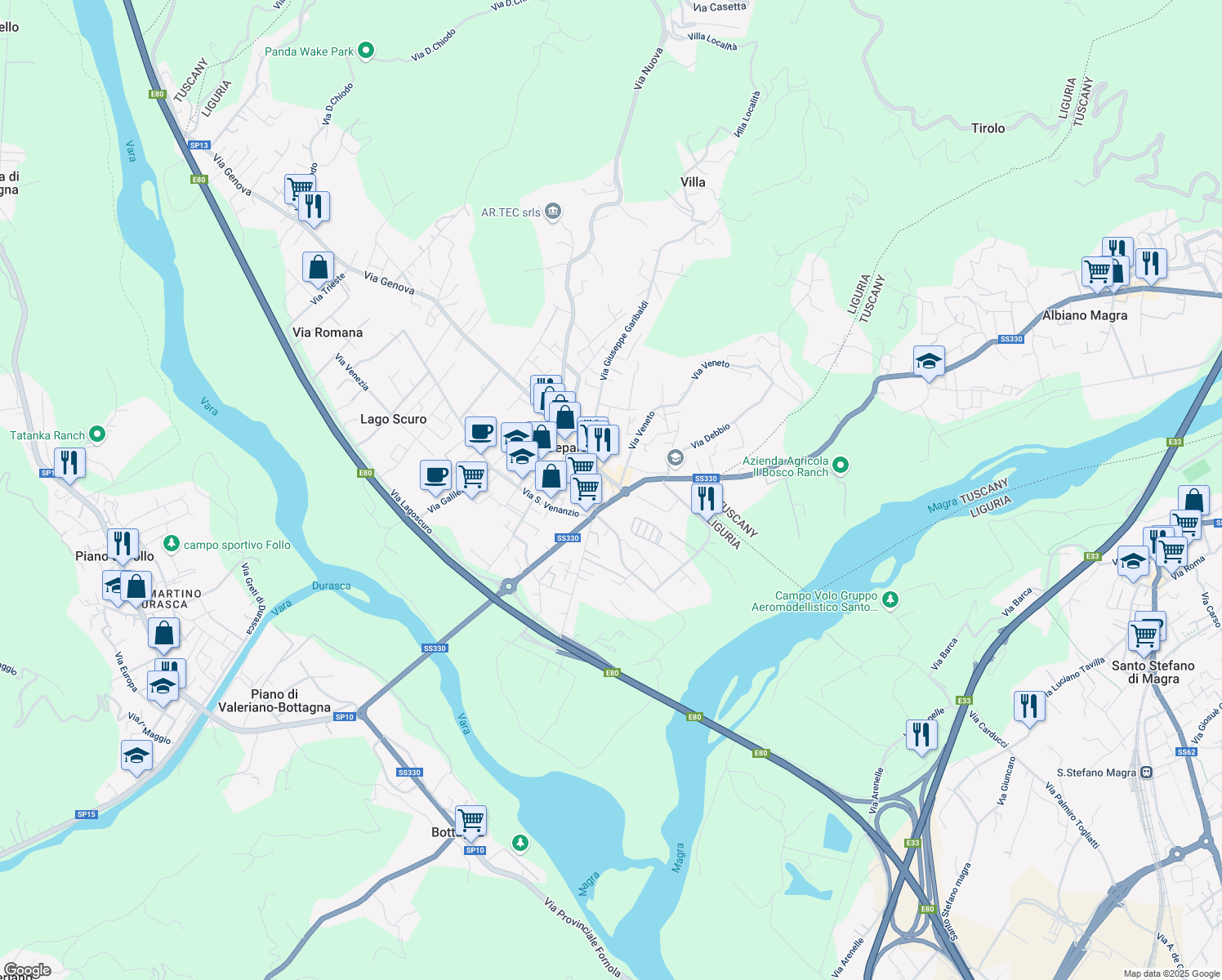 map of restaurants, bars, coffee shops, grocery stores, and more near 9 Via Romana in Ceparana