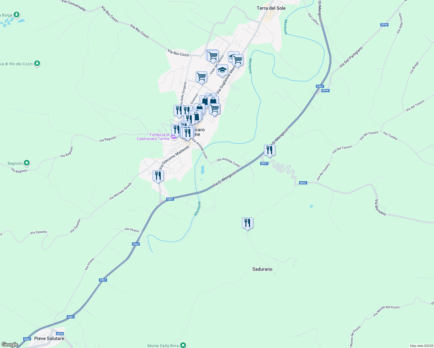 map of restaurants, bars, coffee shops, grocery stores, and more near 11 Via Antonio Samorì in Castrocaro Terme