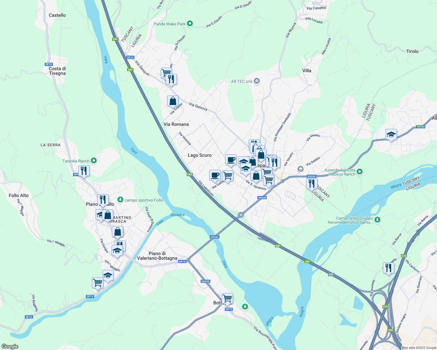 map of restaurants, bars, coffee shops, grocery stores, and more near 14 Via Galileo Galilei in Ceparana
