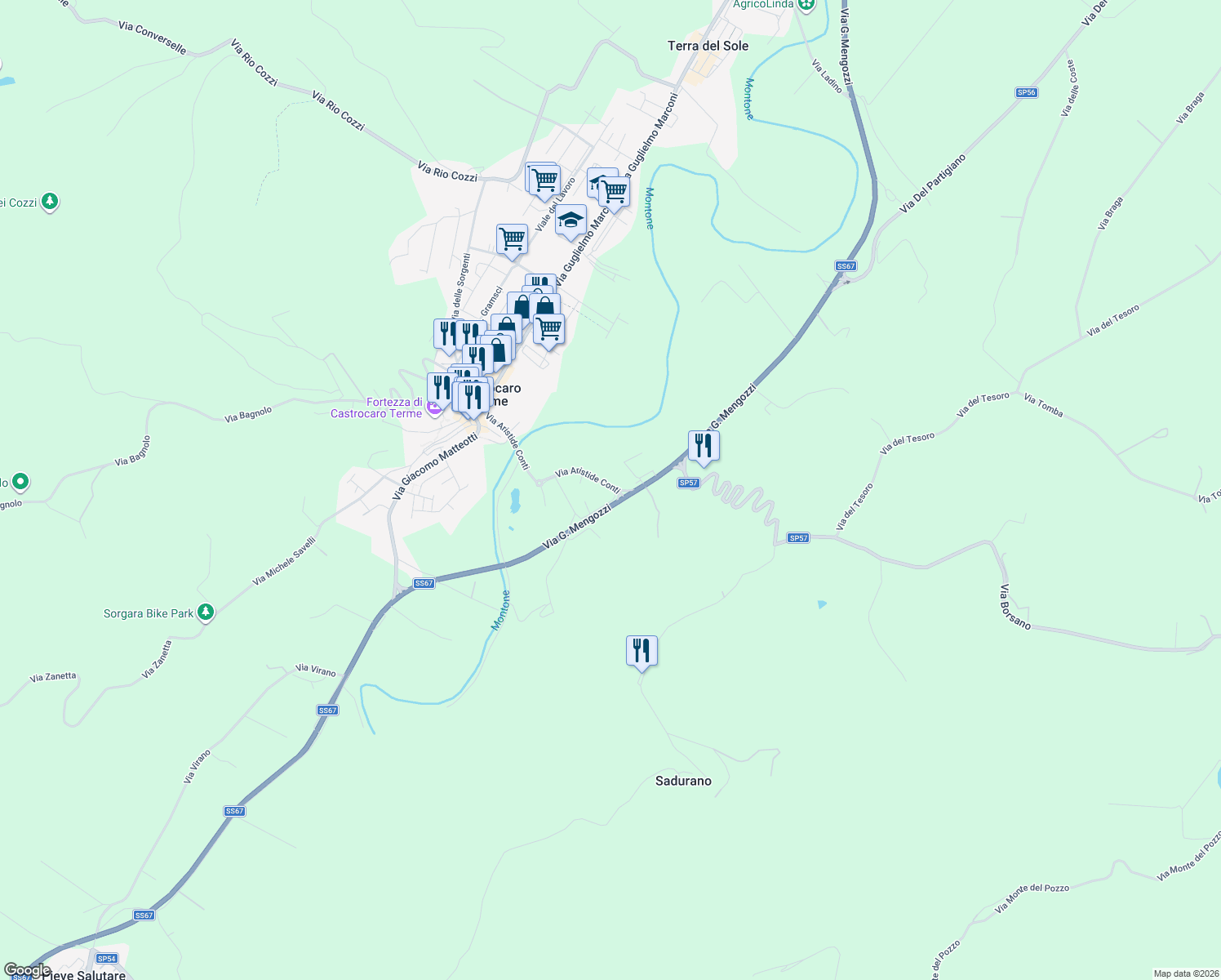 map of restaurants, bars, coffee shops, grocery stores, and more near 36 Via Nicolò Frassineti in Castrocaro Terme