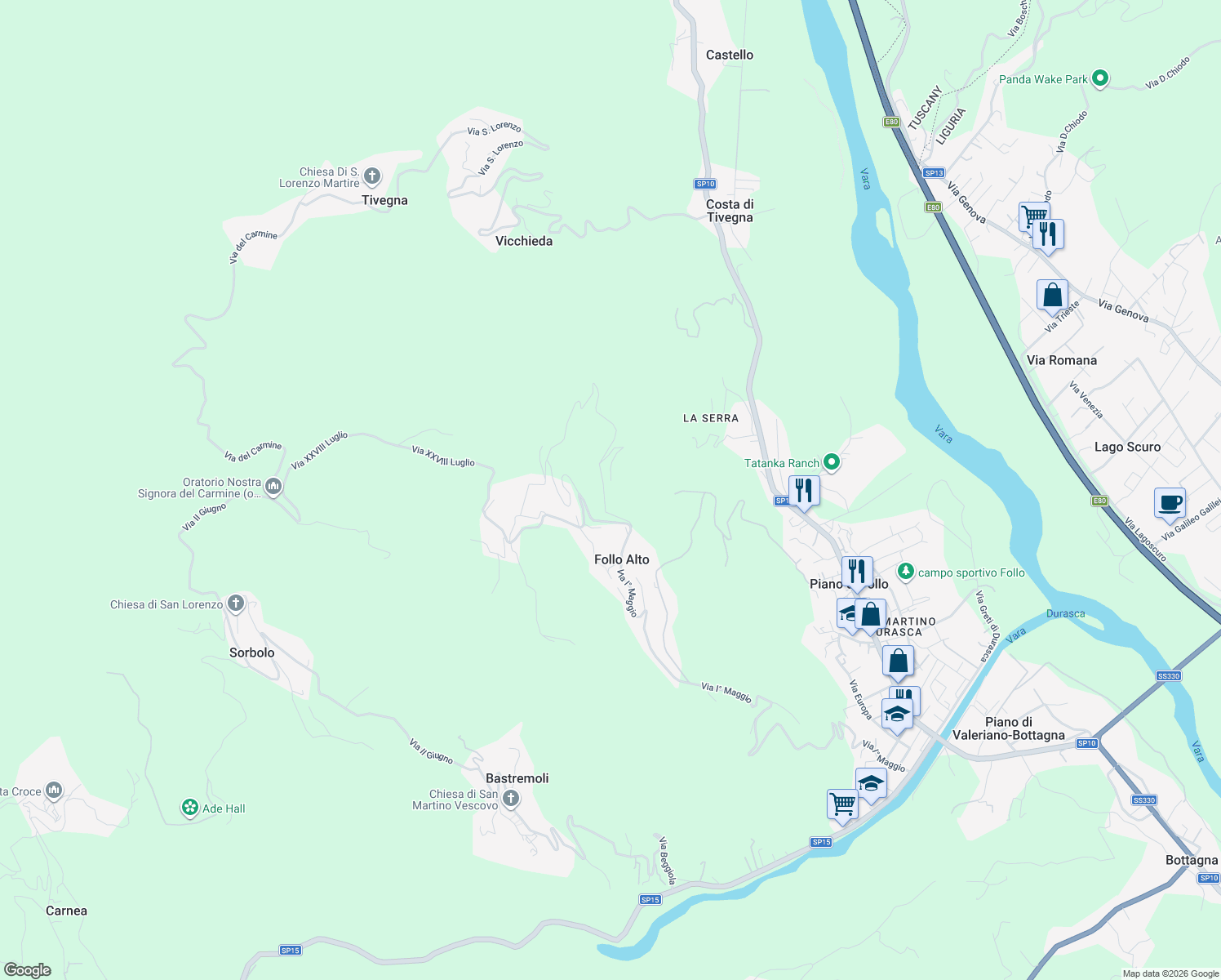 map of restaurants, bars, coffee shops, grocery stores, and more near 42 Via I° Maggio in Follo Alto