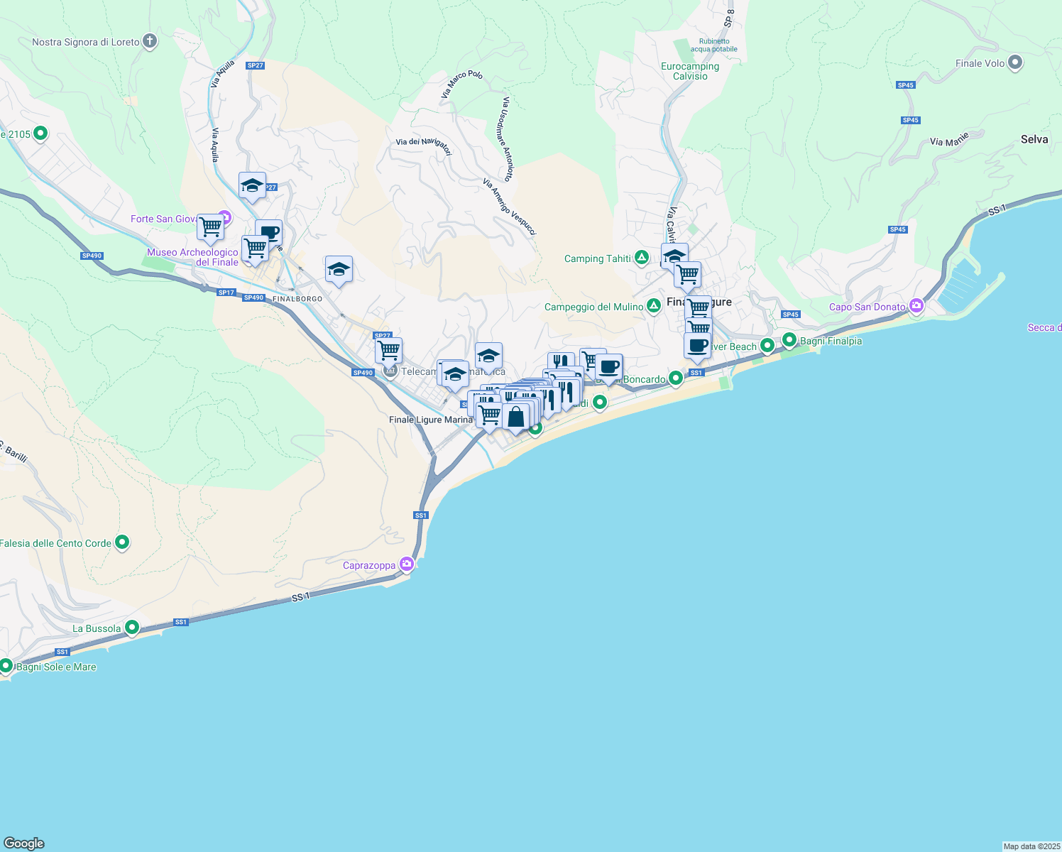 map of restaurants, bars, coffee shops, grocery stores, and more near 30 Via Tommaso Pertica in Finale Ligure