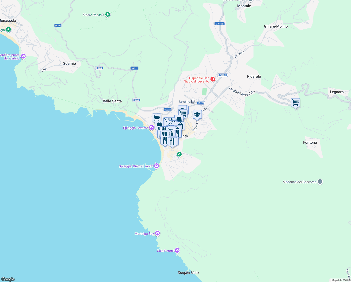 map of restaurants, bars, coffee shops, grocery stores, and more near 29 Via Dante Alighieri in Levanto