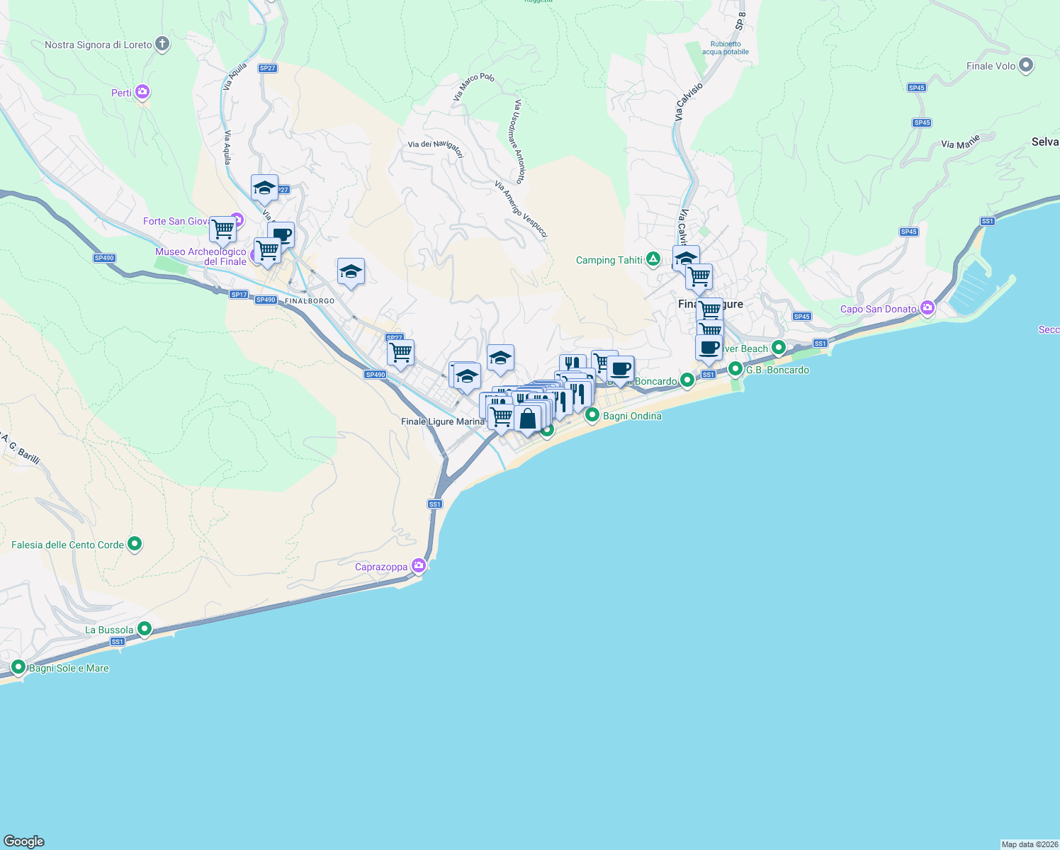 map of restaurants, bars, coffee shops, grocery stores, and more near 30 Via Tommaso Pertica in Finale Ligure