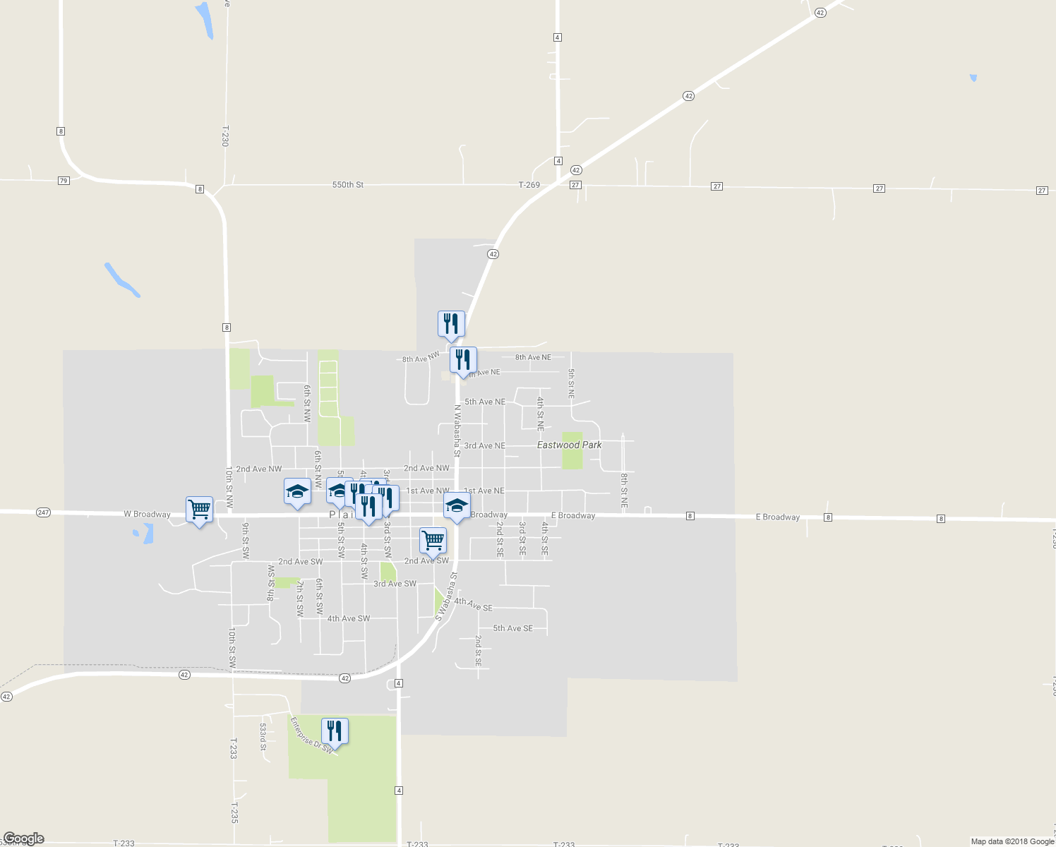 map of restaurants, bars, coffee shops, grocery stores, and more near 300 4th Avenue Northeast in Plainview