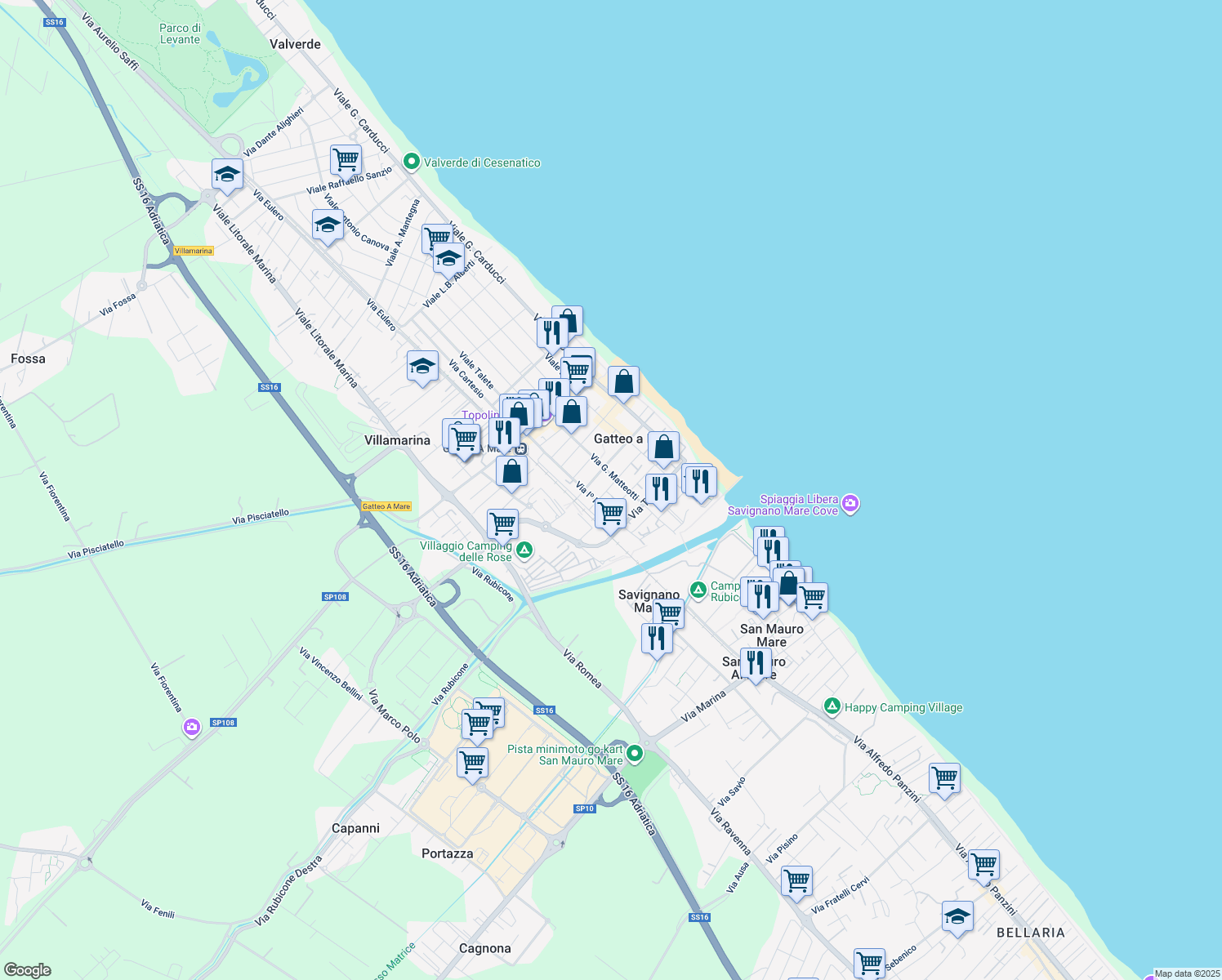 map of restaurants, bars, coffee shops, grocery stores, and more near 6 Via Firenze in Gatteo a Mare