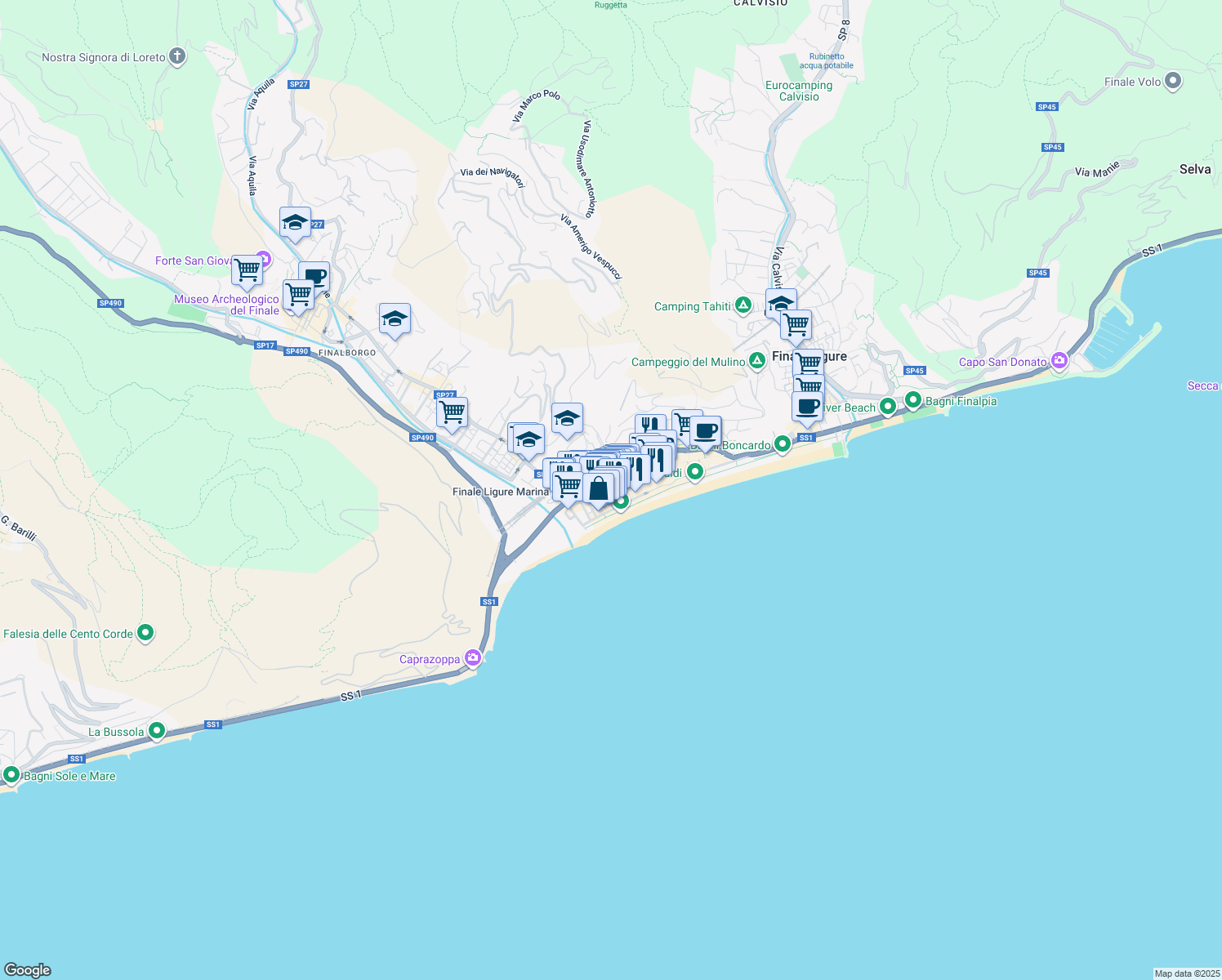 map of restaurants, bars, coffee shops, grocery stores, and more near 30 Via Tommaso Pertica in Finale Ligure