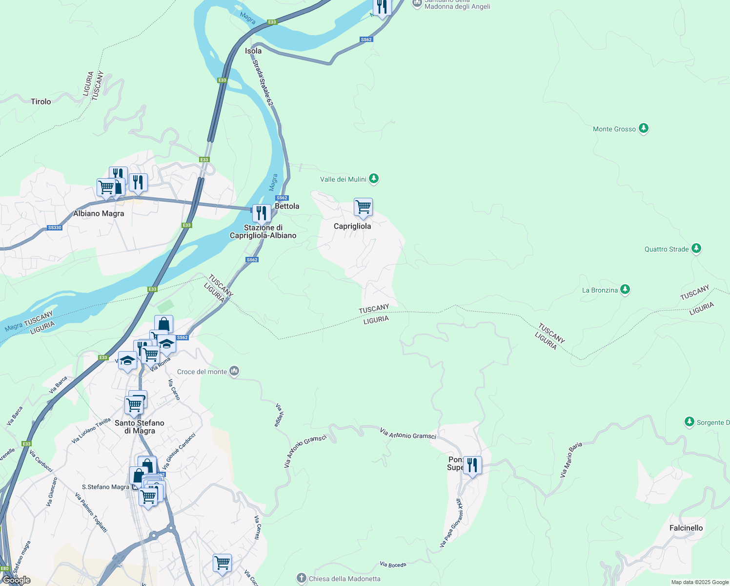 map of restaurants, bars, coffee shops, grocery stores, and more near Via Palazzina in Provincia di Massa e Carrara