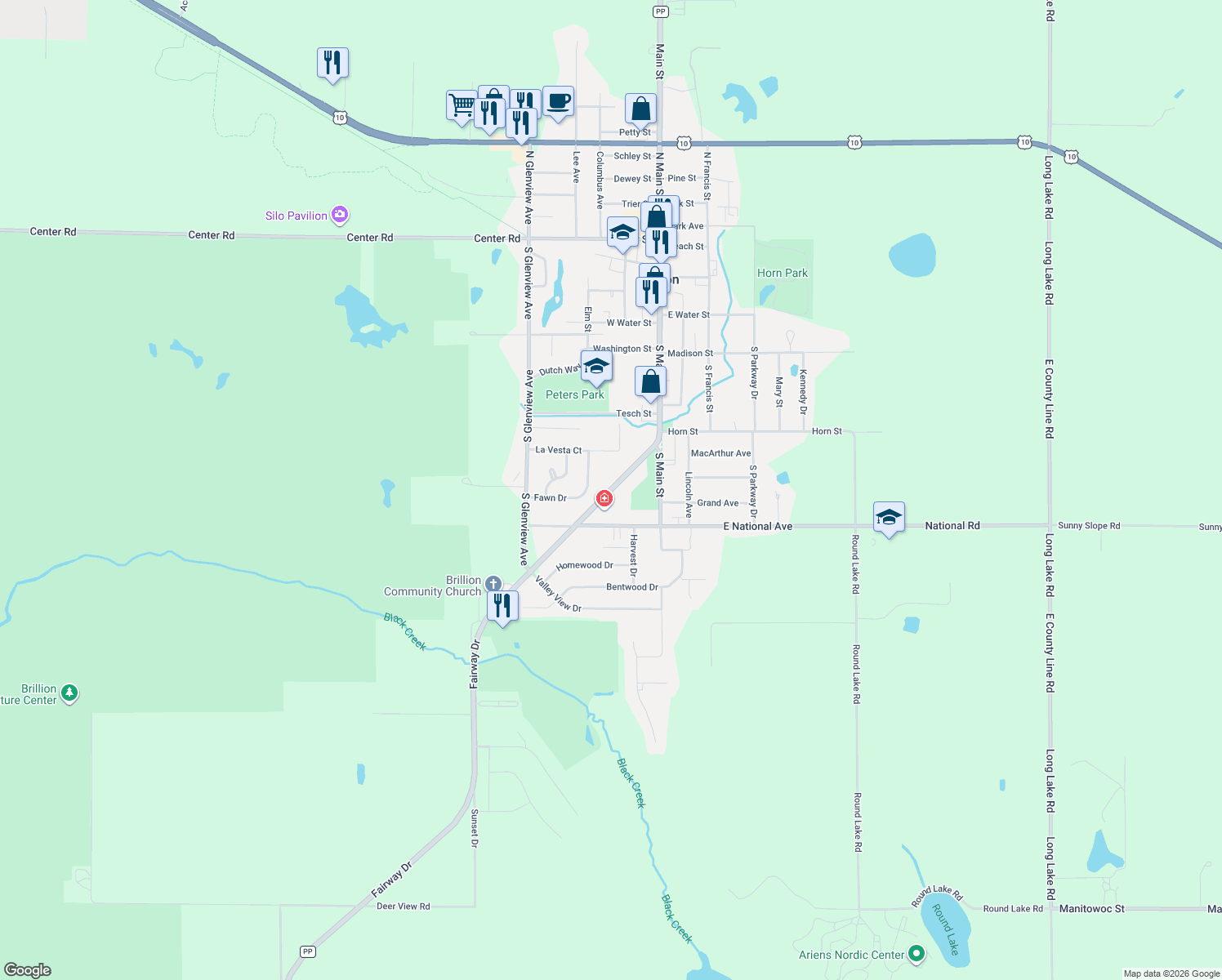 map of restaurants, bars, coffee shops, grocery stores, and more near Fairway Drive in Brillion