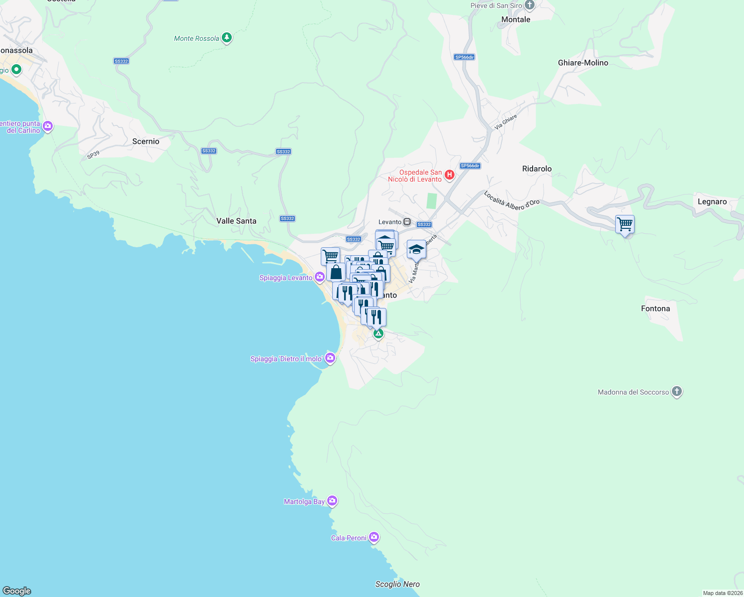 map of restaurants, bars, coffee shops, grocery stores, and more near 29 Via Dante Alighieri in Levanto