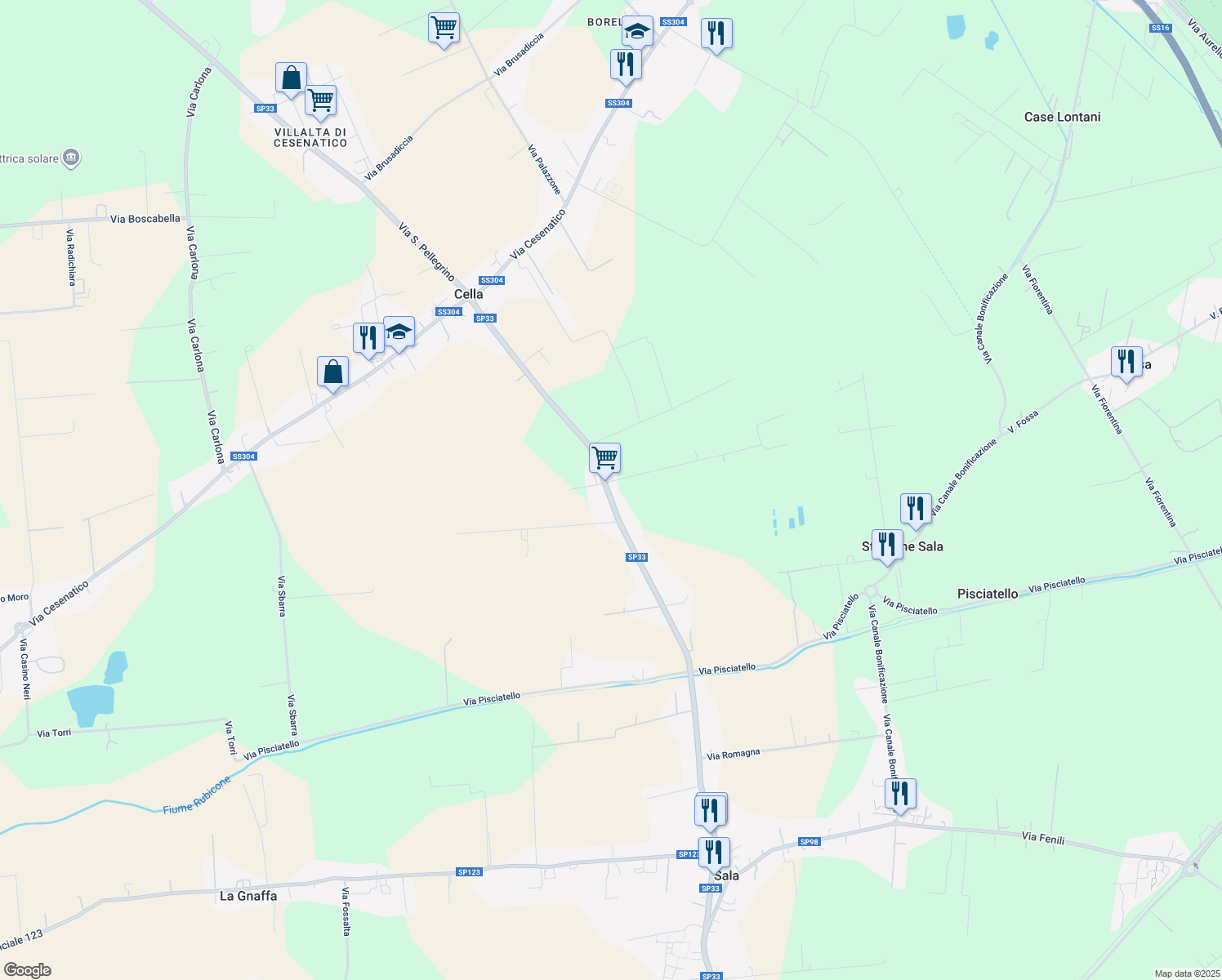 map of restaurants, bars, coffee shops, grocery stores, and more near Strada Provinciale 33 in Sala