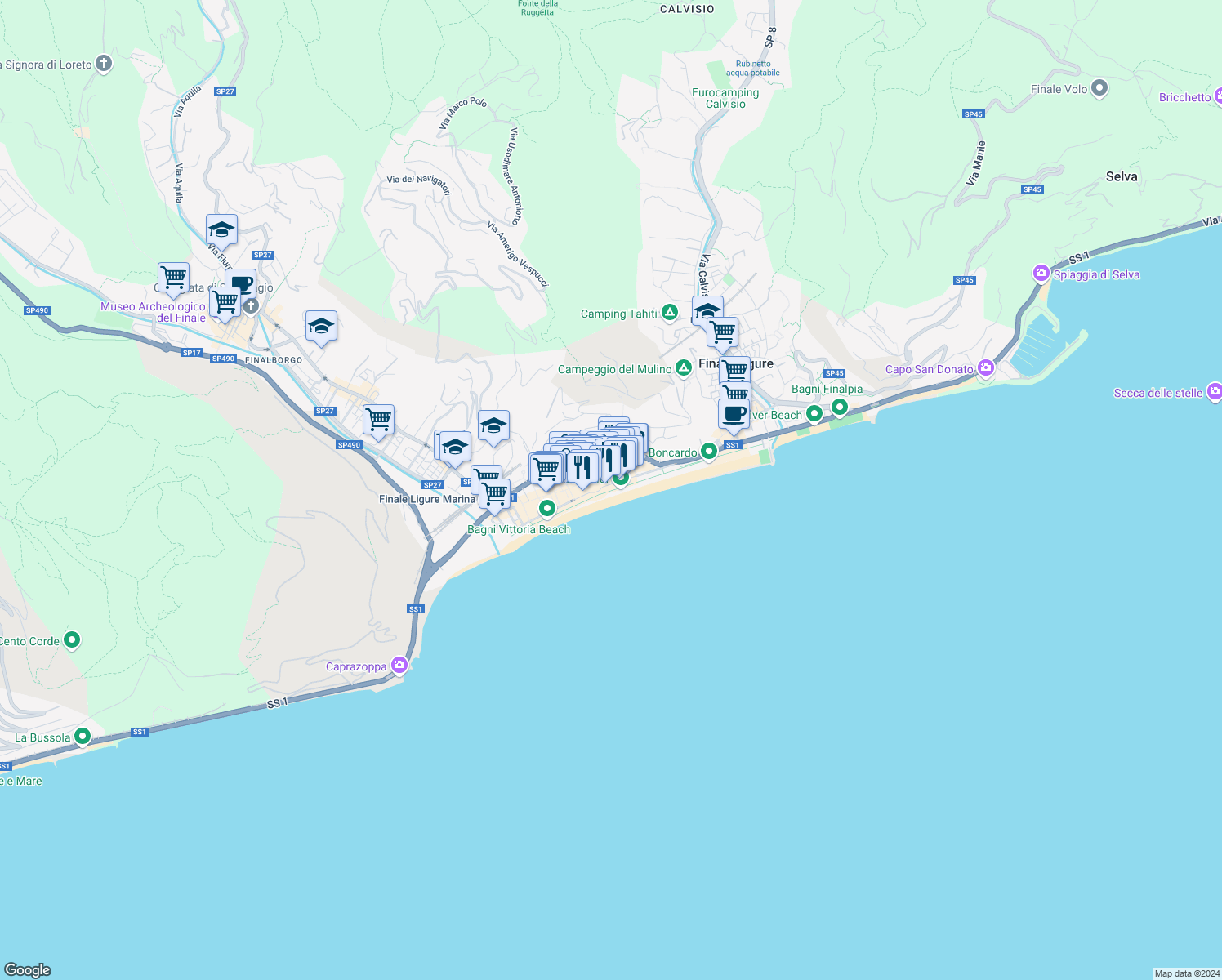 map of restaurants, bars, coffee shops, grocery stores, and more near Lungomare Augusto Migliorini in Finale Ligure