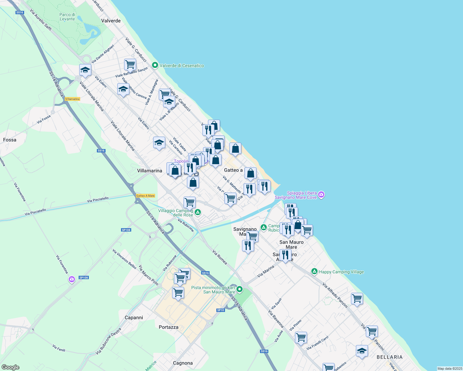 map of restaurants, bars, coffee shops, grocery stores, and more near 6 Via Firenze in Gatteo A Mare