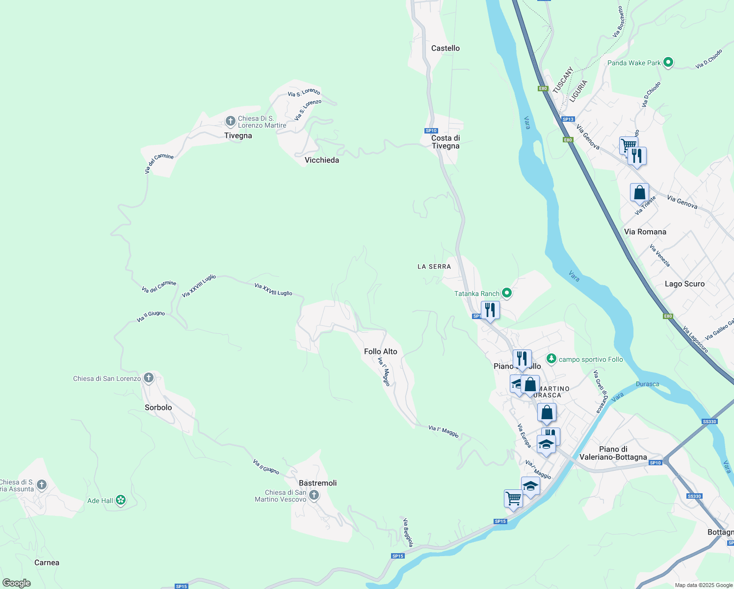 map of restaurants, bars, coffee shops, grocery stores, and more near 110 Via I° Maggio in Follo Alto