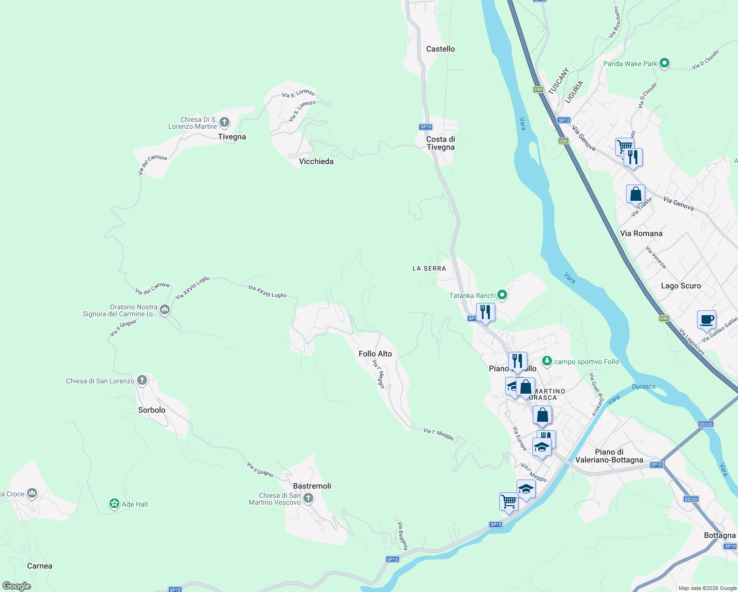 map of restaurants, bars, coffee shops, grocery stores, and more near 42 Via I° Maggio in Follo Alto