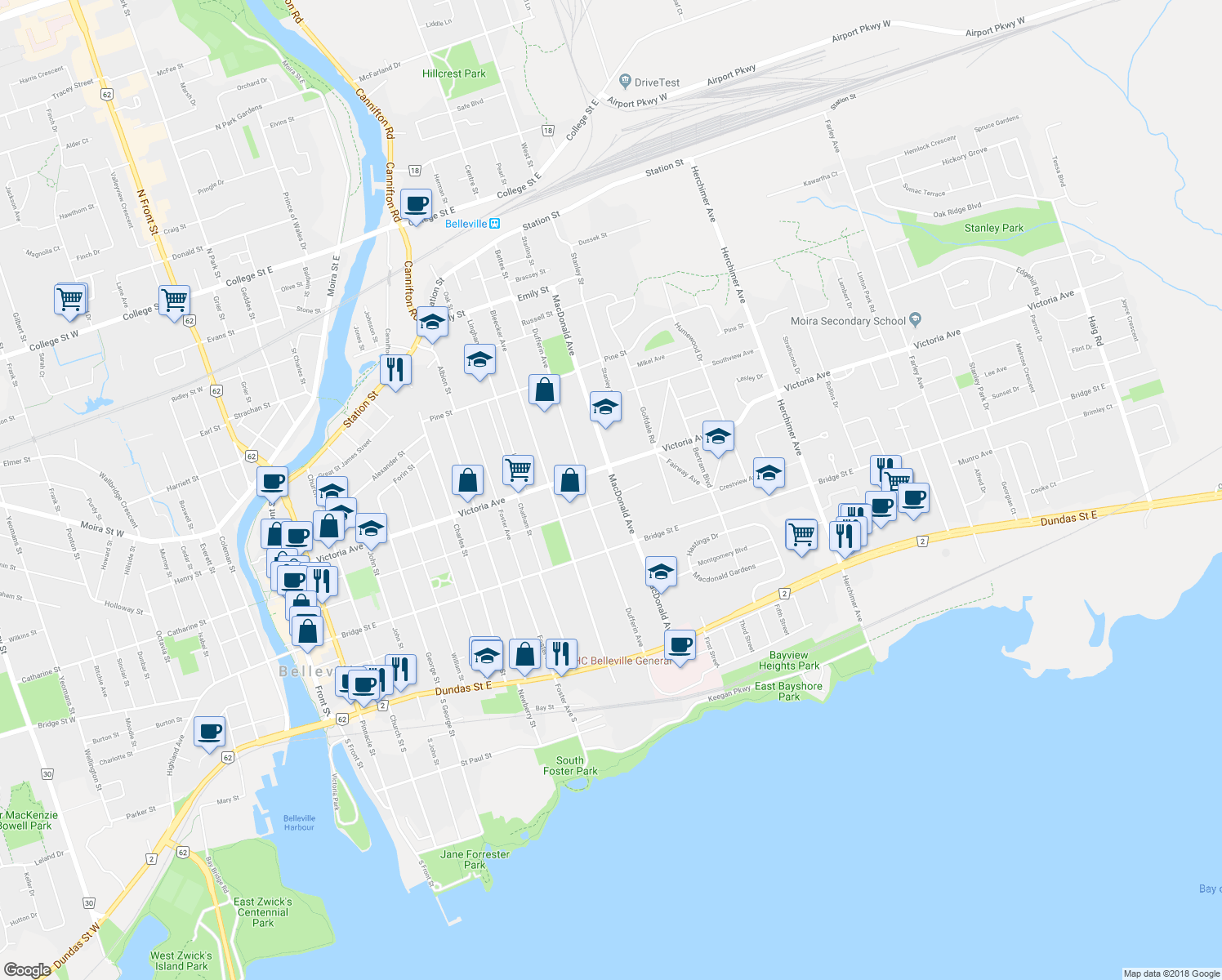map of restaurants, bars, coffee shops, grocery stores, and more near 250 Macdonald Avenue in Belleville