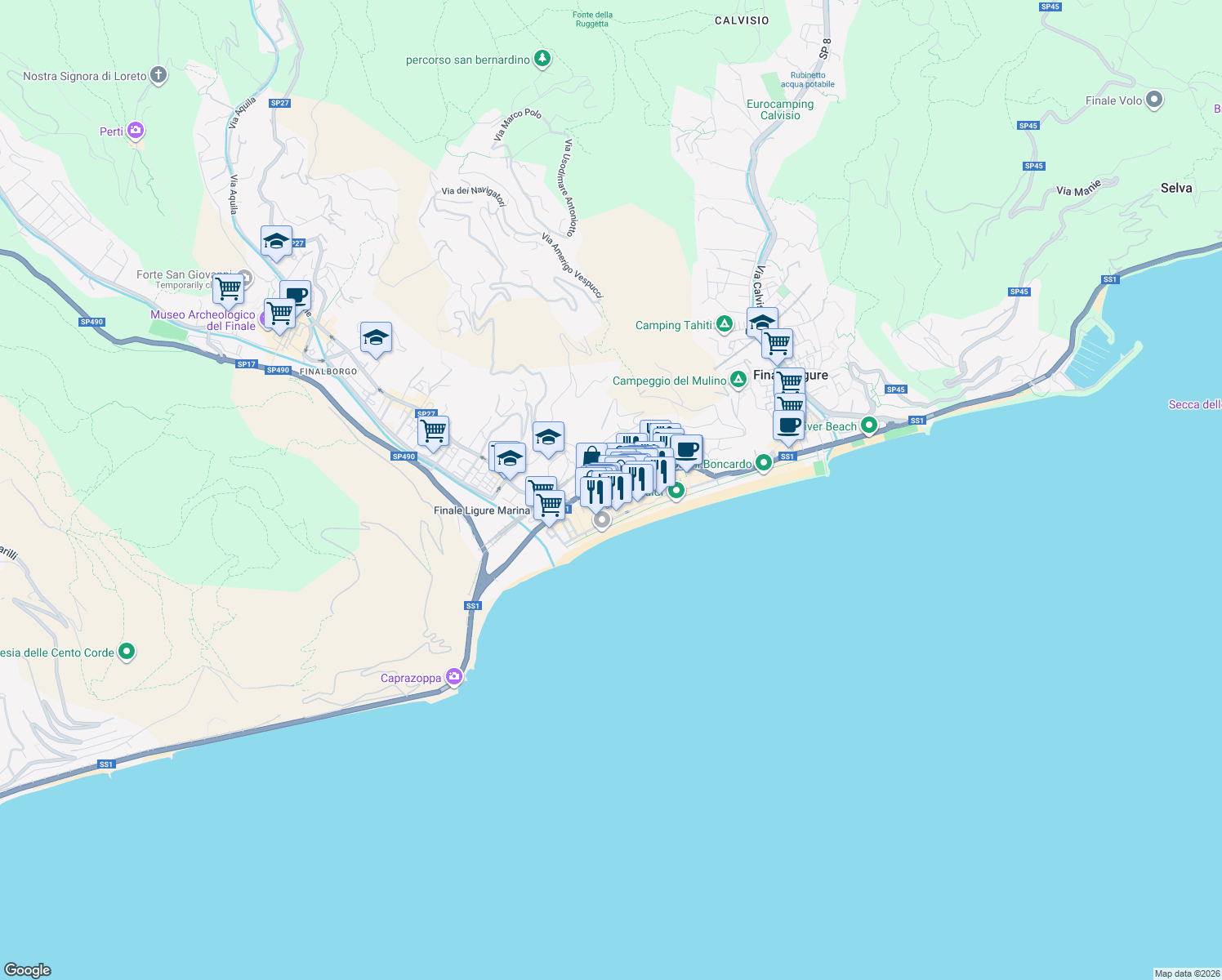 map of restaurants, bars, coffee shops, grocery stores, and more near Via Gian Lorenzo Bernini in Finale Ligure