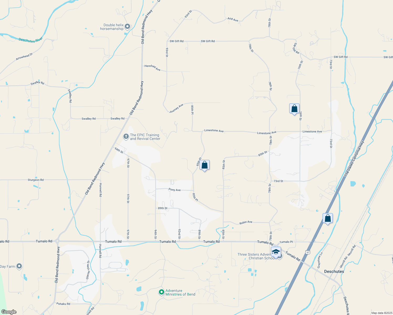 map of restaurants, bars, coffee shops, grocery stores, and more near 65265 85th Place in Bend