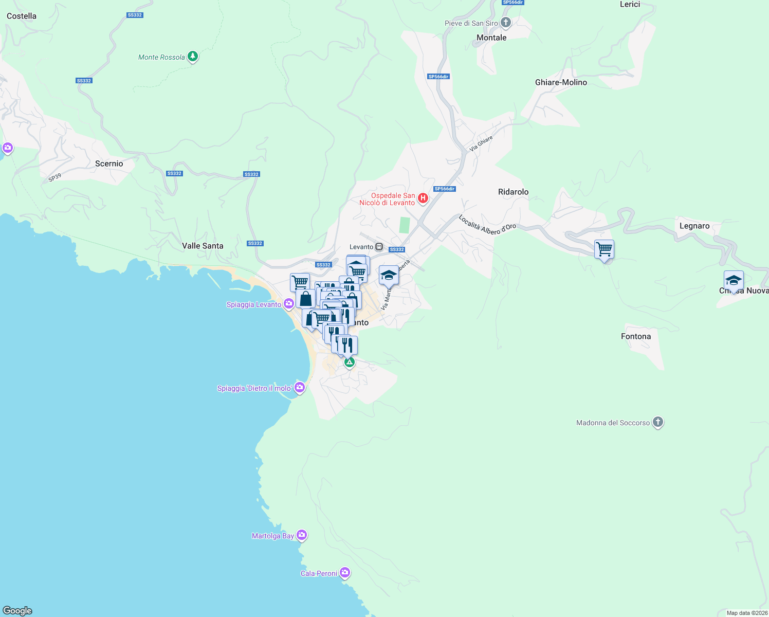 map of restaurants, bars, coffee shops, grocery stores, and more near 26 Salita San Giacomo in Levanto