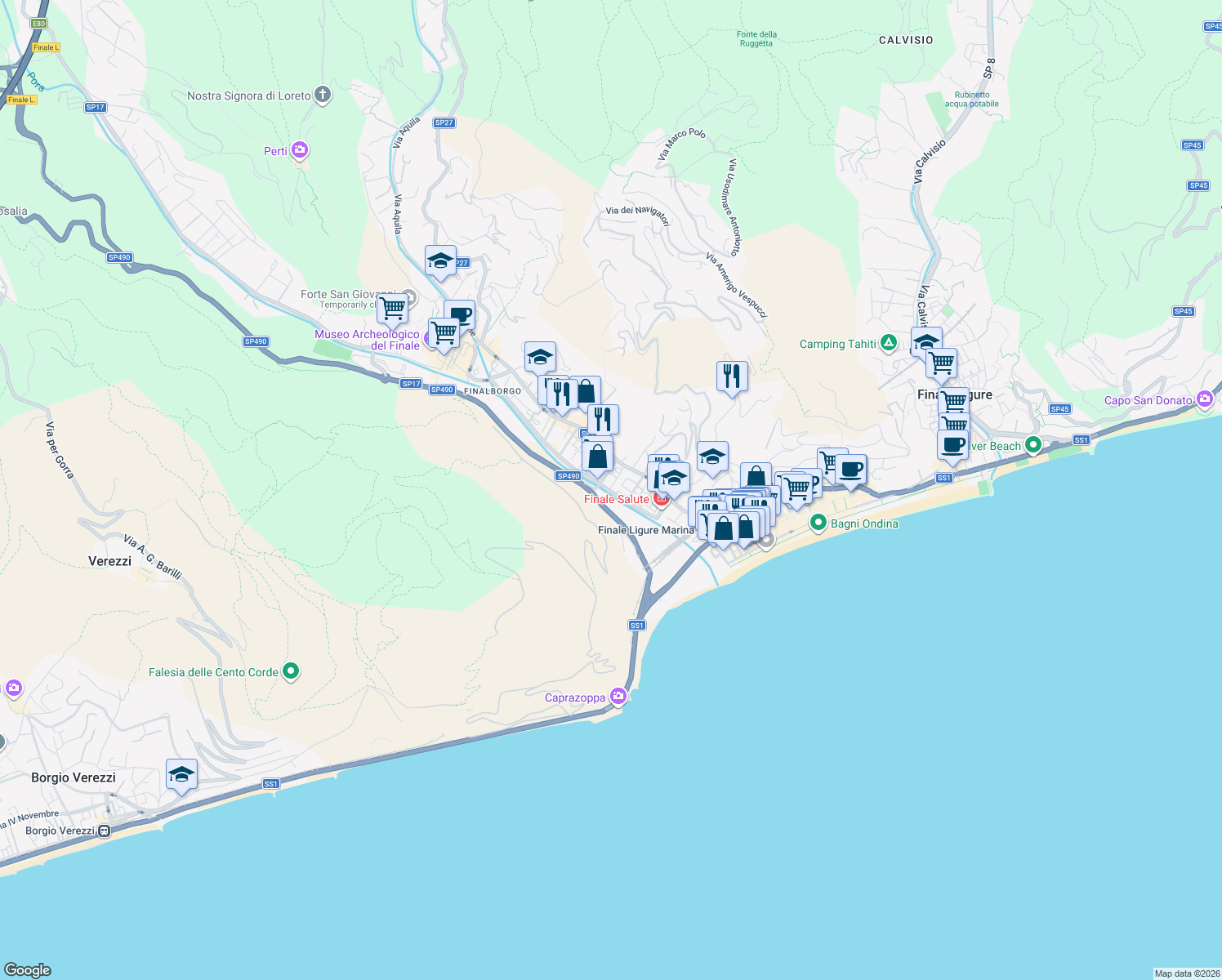 map of restaurants, bars, coffee shops, grocery stores, and more near 50r Viale Dante Alighieri in Finale Ligure