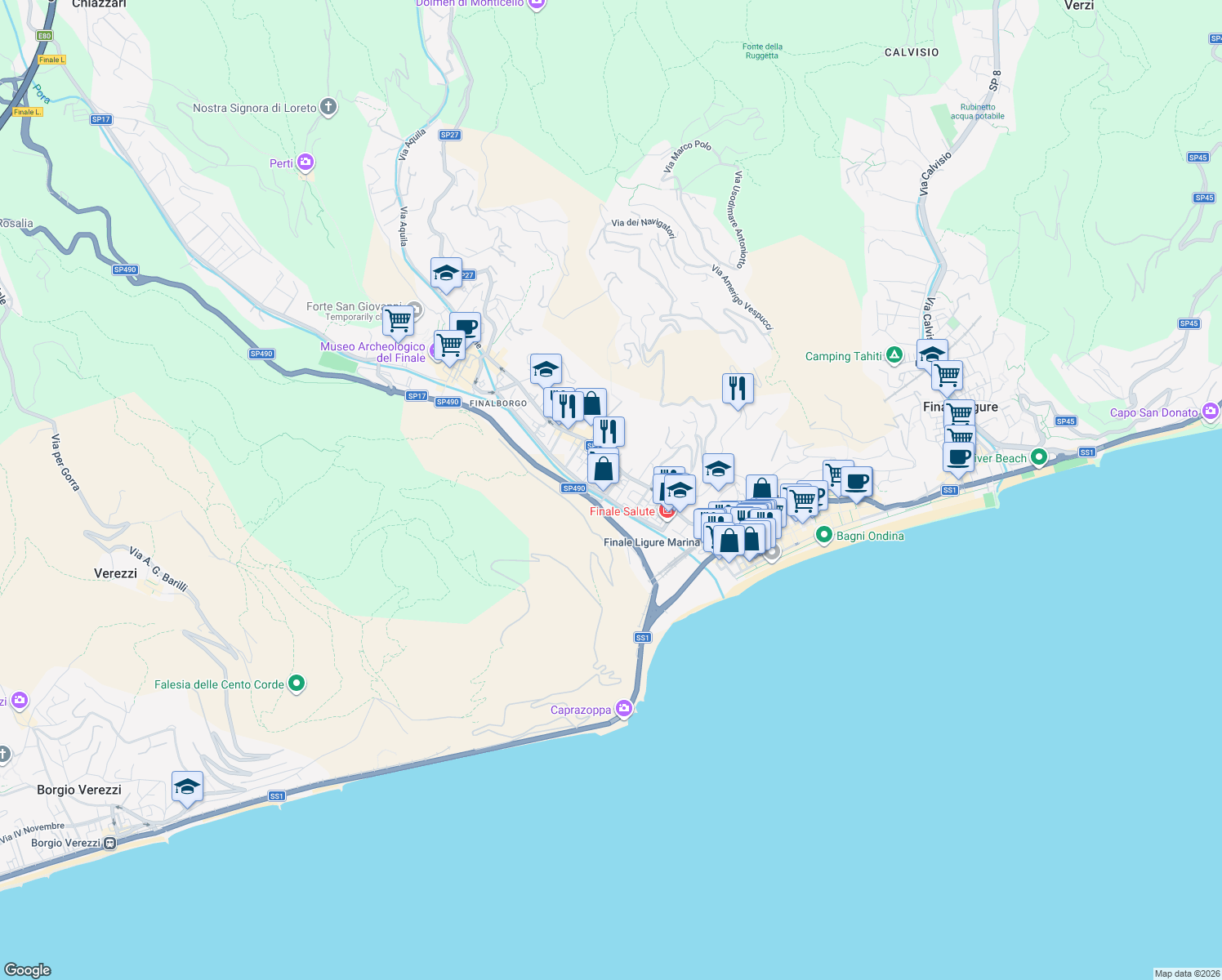 map of restaurants, bars, coffee shops, grocery stores, and more near 50r Viale Dante Alighieri in Finale Ligure