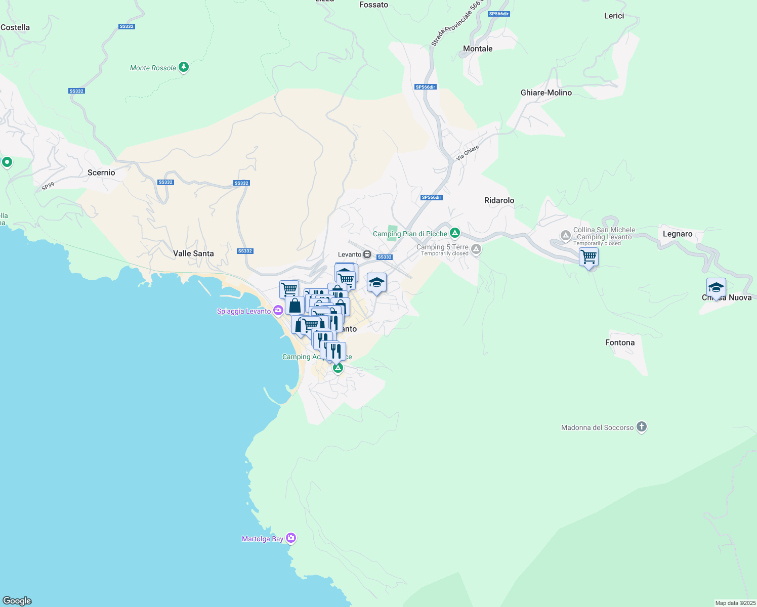 map of restaurants, bars, coffee shops, grocery stores, and more near 26 Salita S. Giacomo in Levanto