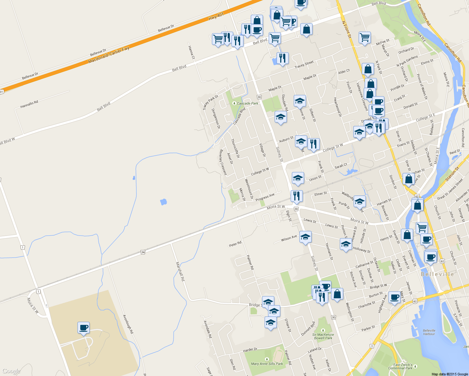 map of restaurants, bars, coffee shops, grocery stores, and more near 35 Morris Drive in Belleville