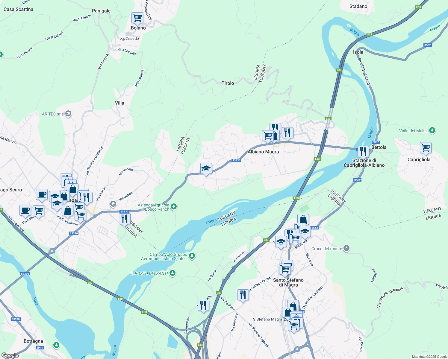 map of restaurants, bars, coffee shops, grocery stores, and more near 103O Via della Repubblica in Albiano Magra