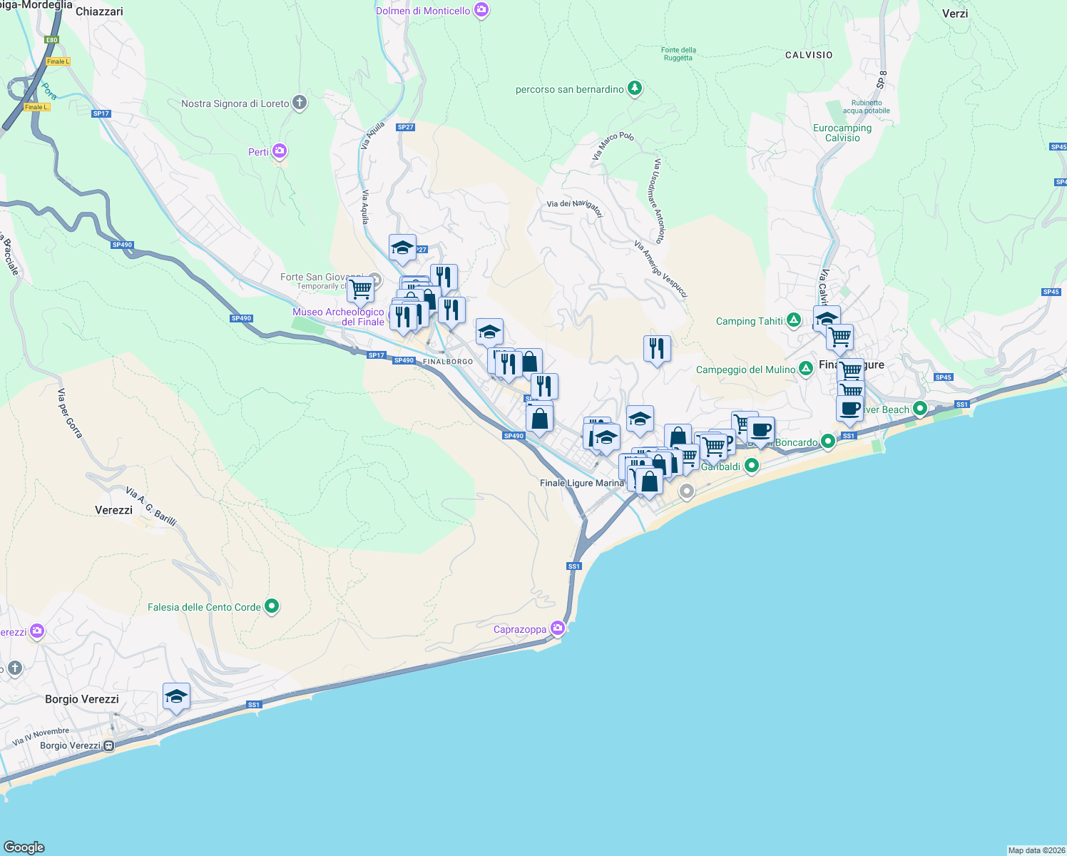 map of restaurants, bars, coffee shops, grocery stores, and more near 16 Via del Cigno in Finale Ligure