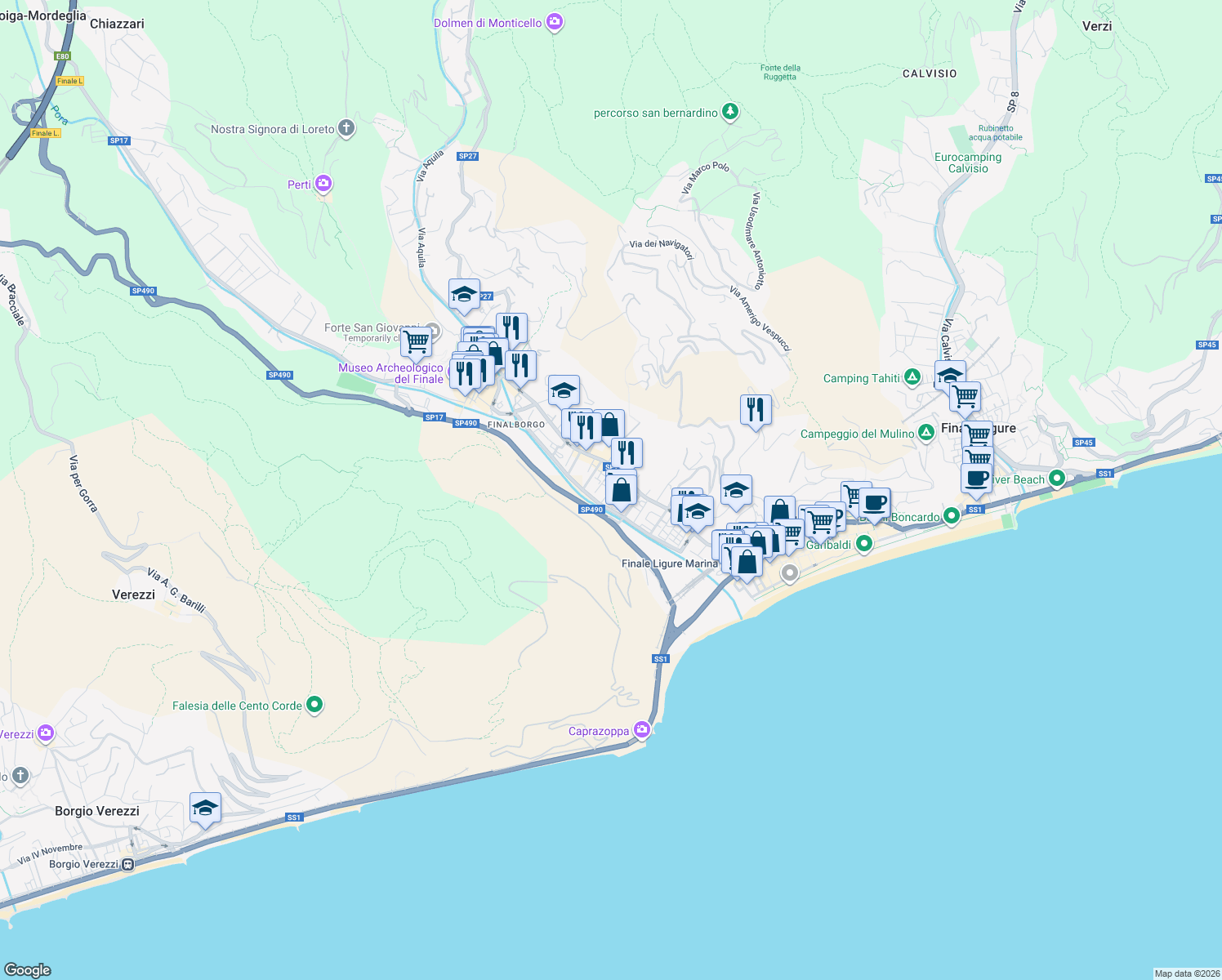 map of restaurants, bars, coffee shops, grocery stores, and more near 16-48 Via del Cigno in Finale Ligure