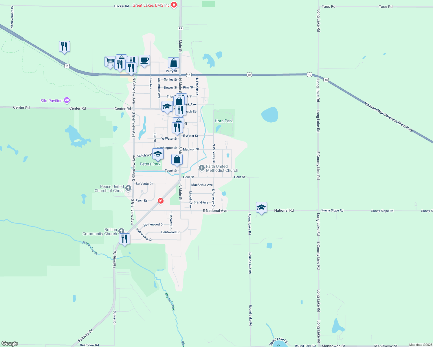 map of restaurants, bars, coffee shops, grocery stores, and more near 306 Horn Street in Brillion