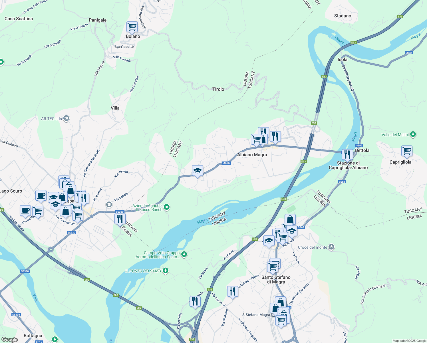 map of restaurants, bars, coffee shops, grocery stores, and more near 103O Via della Repubblica in Albiano Magra