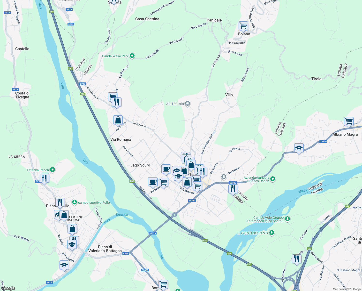 map of restaurants, bars, coffee shops, grocery stores, and more near 60 Via Genova in Ceparana